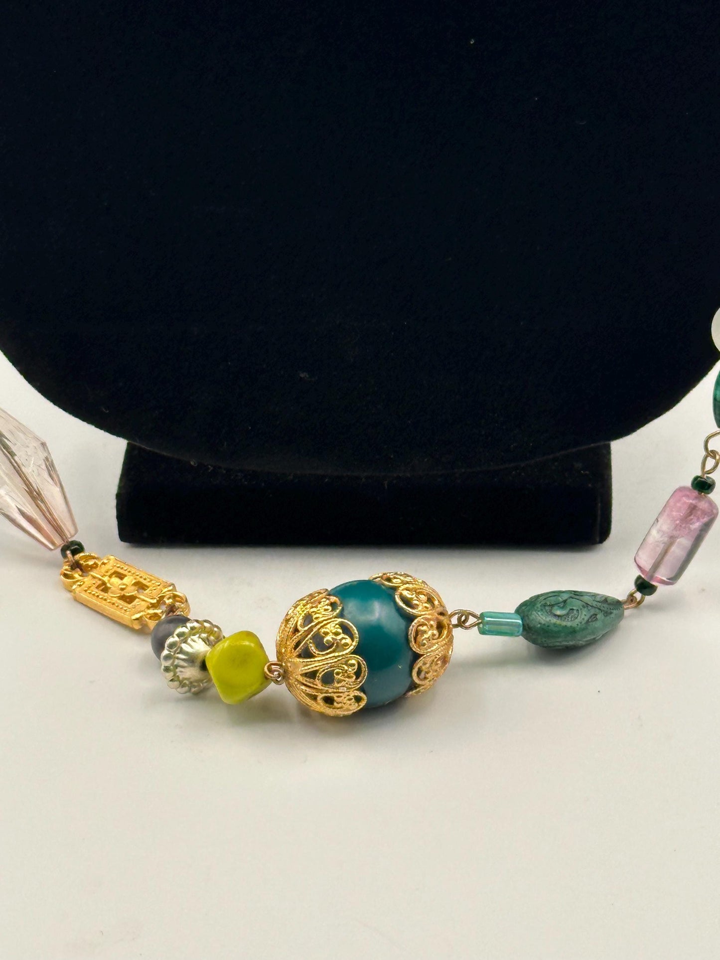 Vintage Linked Necklace: Metal & Glass Beads in Green, Gold, and Pink - Retro Jewelry Statement Piece