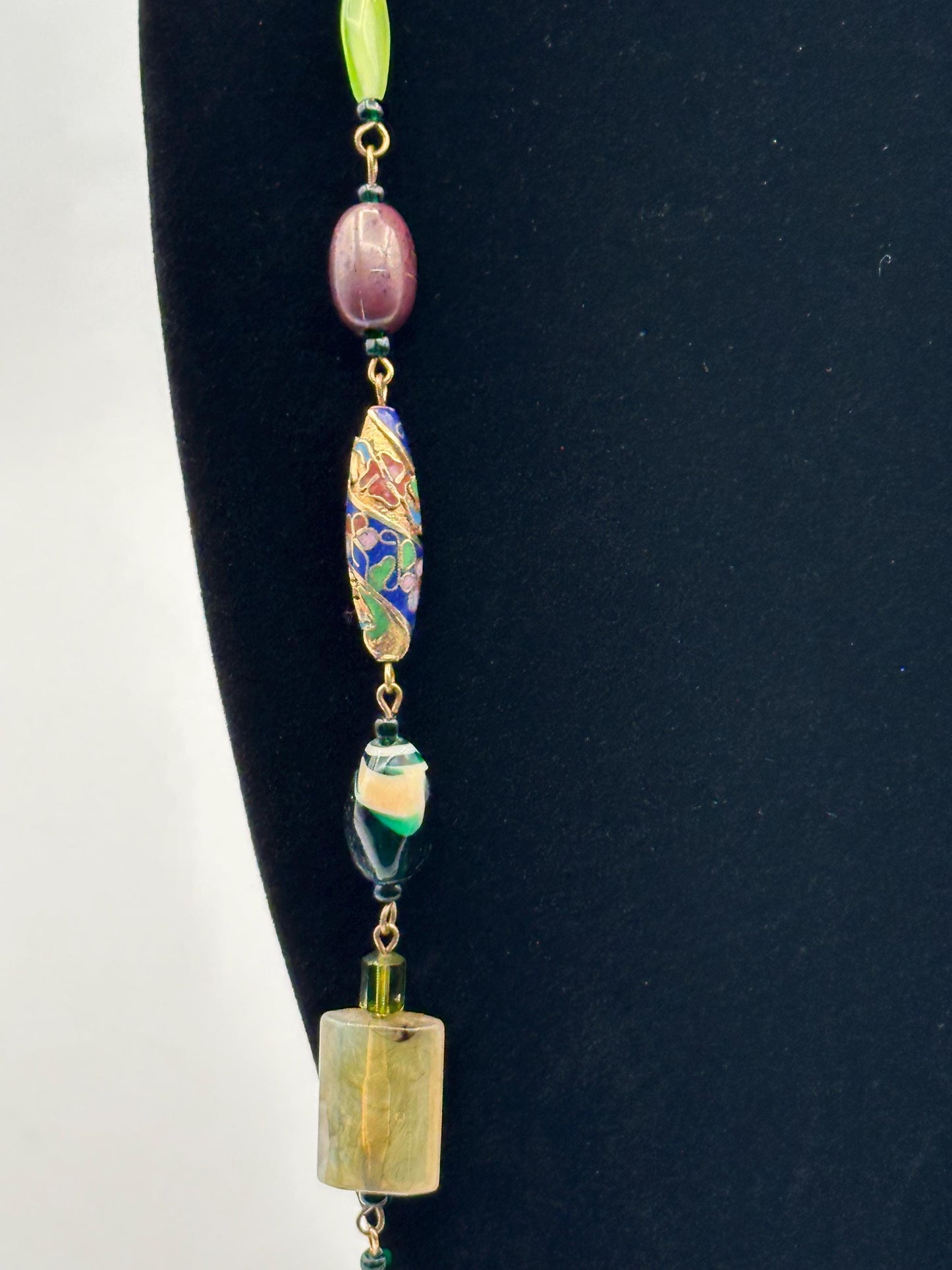 Vintage Linked Necklace: Metal & Glass Beads in Green, Gold, and Pink - Retro Jewelry Statement Piece