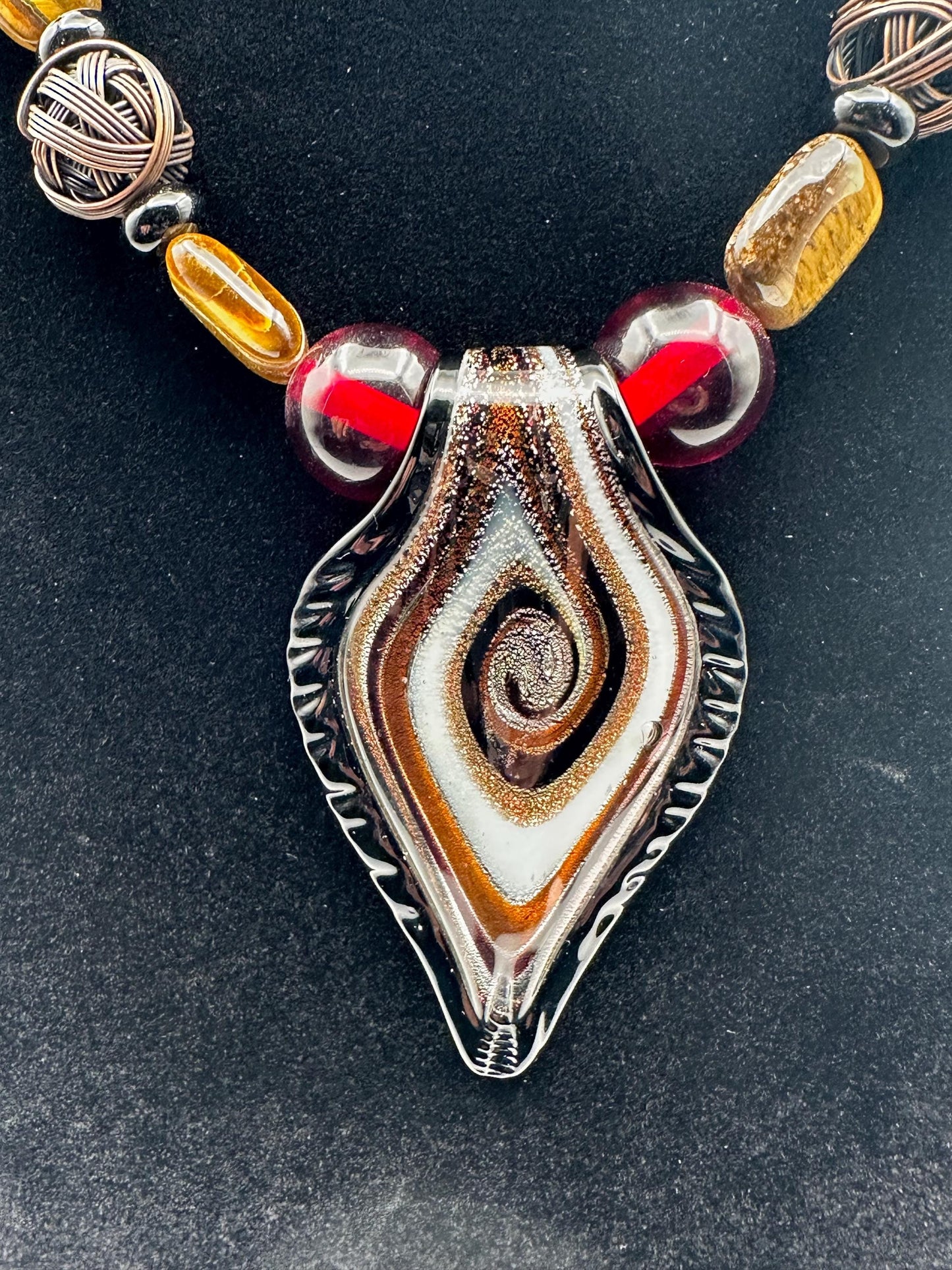 Vintage Murano-Style Glass Bead Necklace: Swirl Leaf Pendant in Amber, Red & Black - Artisan Bohemian Jewelry
