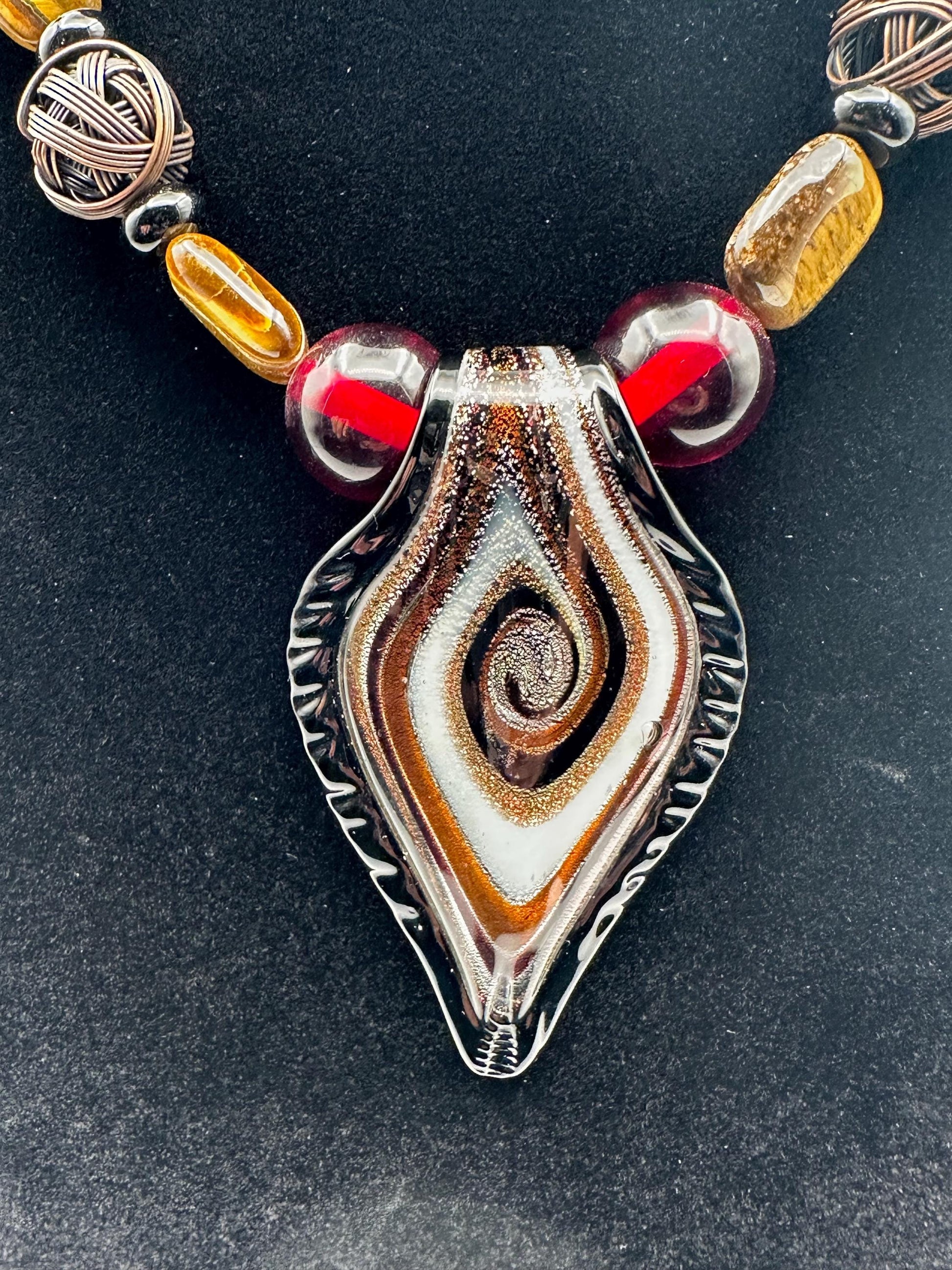 Vintage Murano-Style Glass Bead Necklace: Swirl Leaf Pendant in Amber, Red & Black - Artisan Bohemian Jewelry