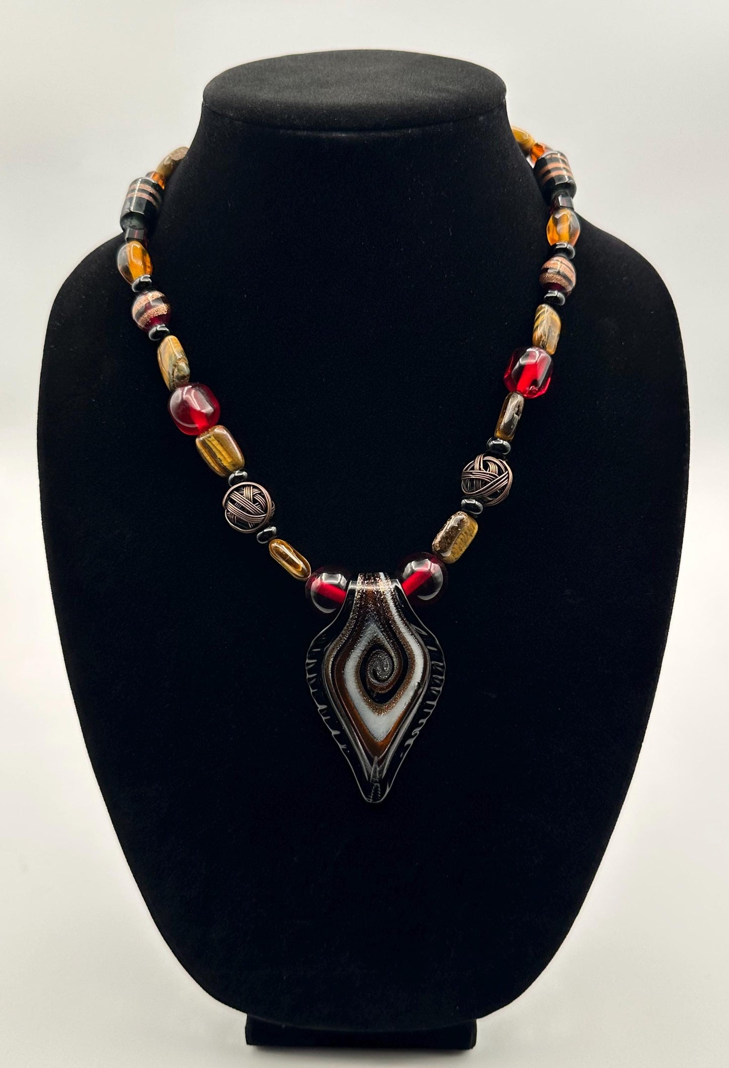 Vintage Murano-Style Glass Bead Necklace: Swirl Leaf Pendant in Amber, Red & Black - Artisan Bohemian Jewelry