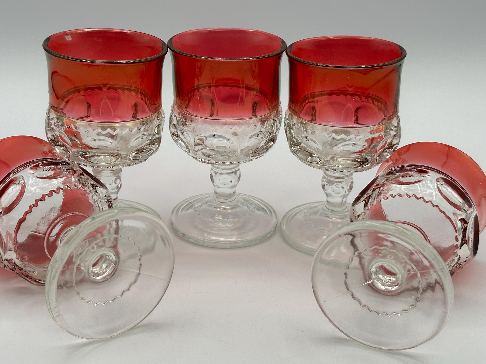 Vintage Ruby Kings Crown Water Goblets Glasses Set of 5 Red Depression Glass Stemware Collection