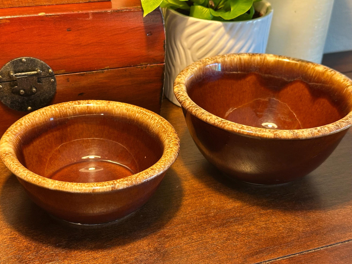 Hull Pottery Brown Drip Glaze Nesting Bowls Set of 2 Vintage Stoneware Kitchen Mixing