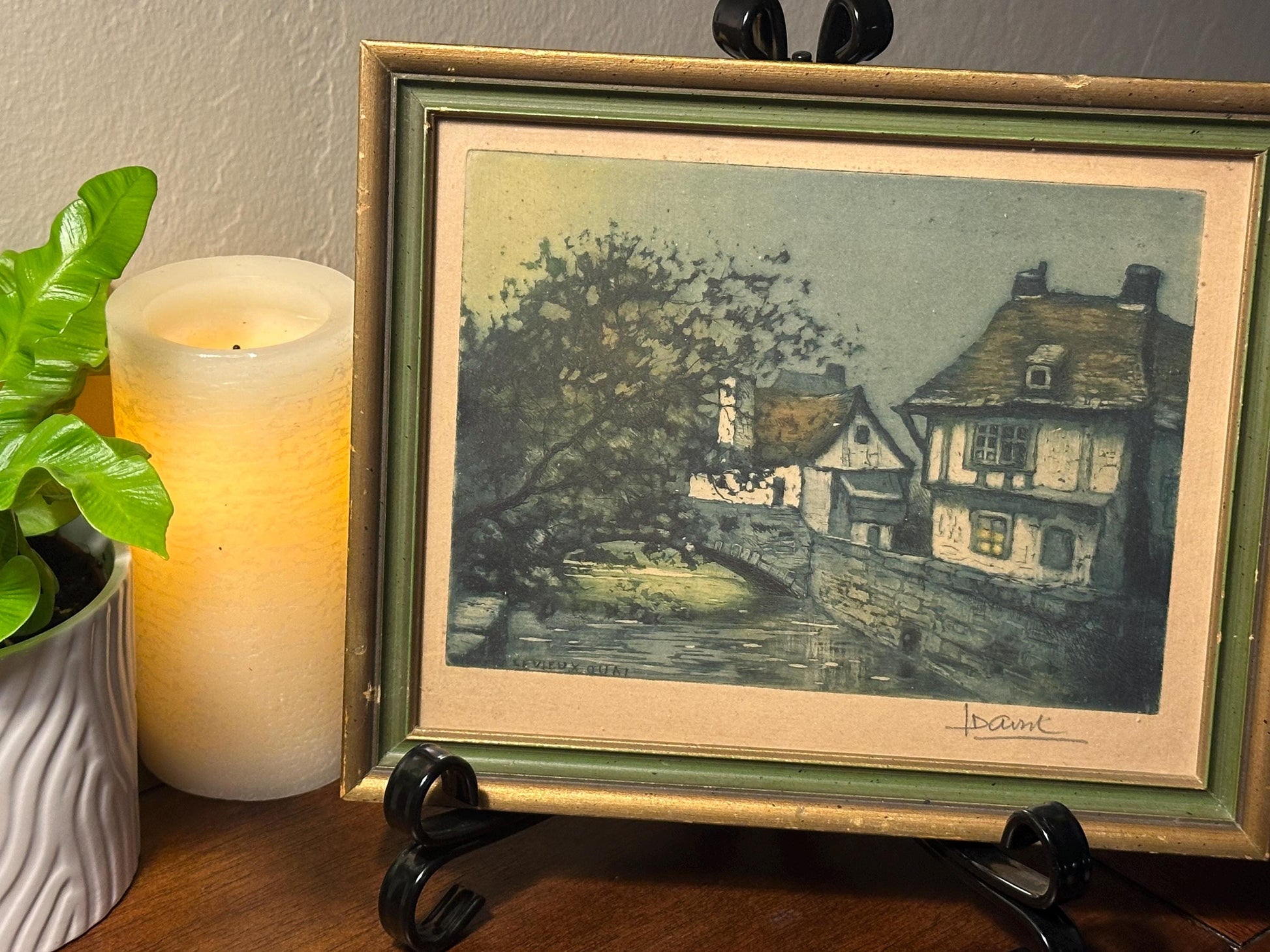 Mid-Century French Village Print Le Vieux Quai Signed Vintage Framed Artwork Wall Decor