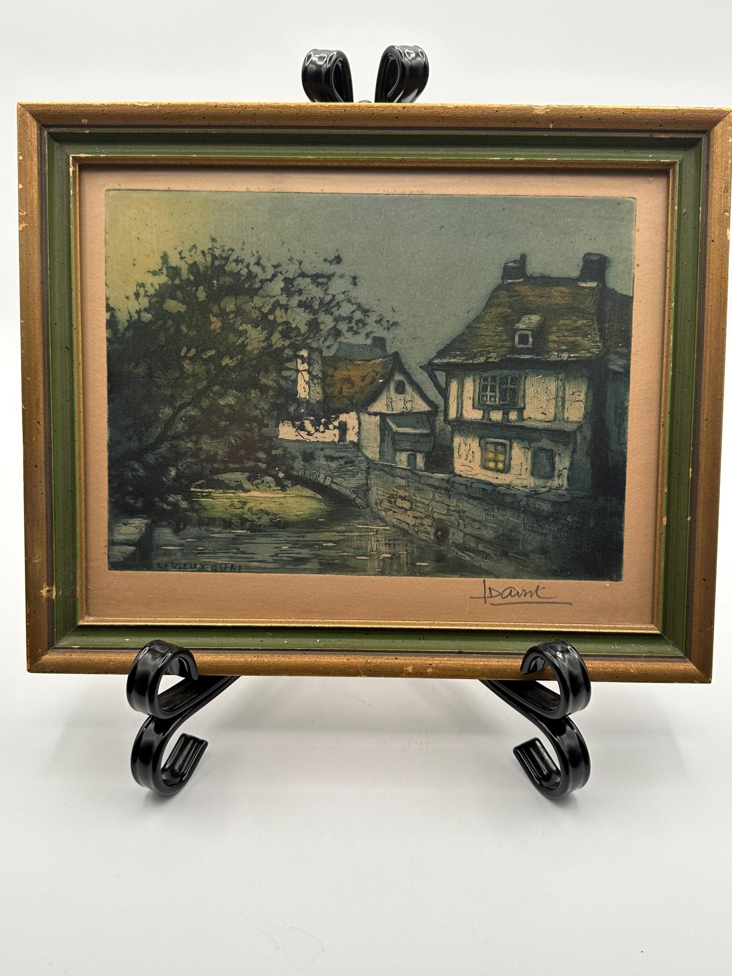 Mid-Century French Village Print Le Vieux Quai Signed Vintage Framed Artwork Wall Decor