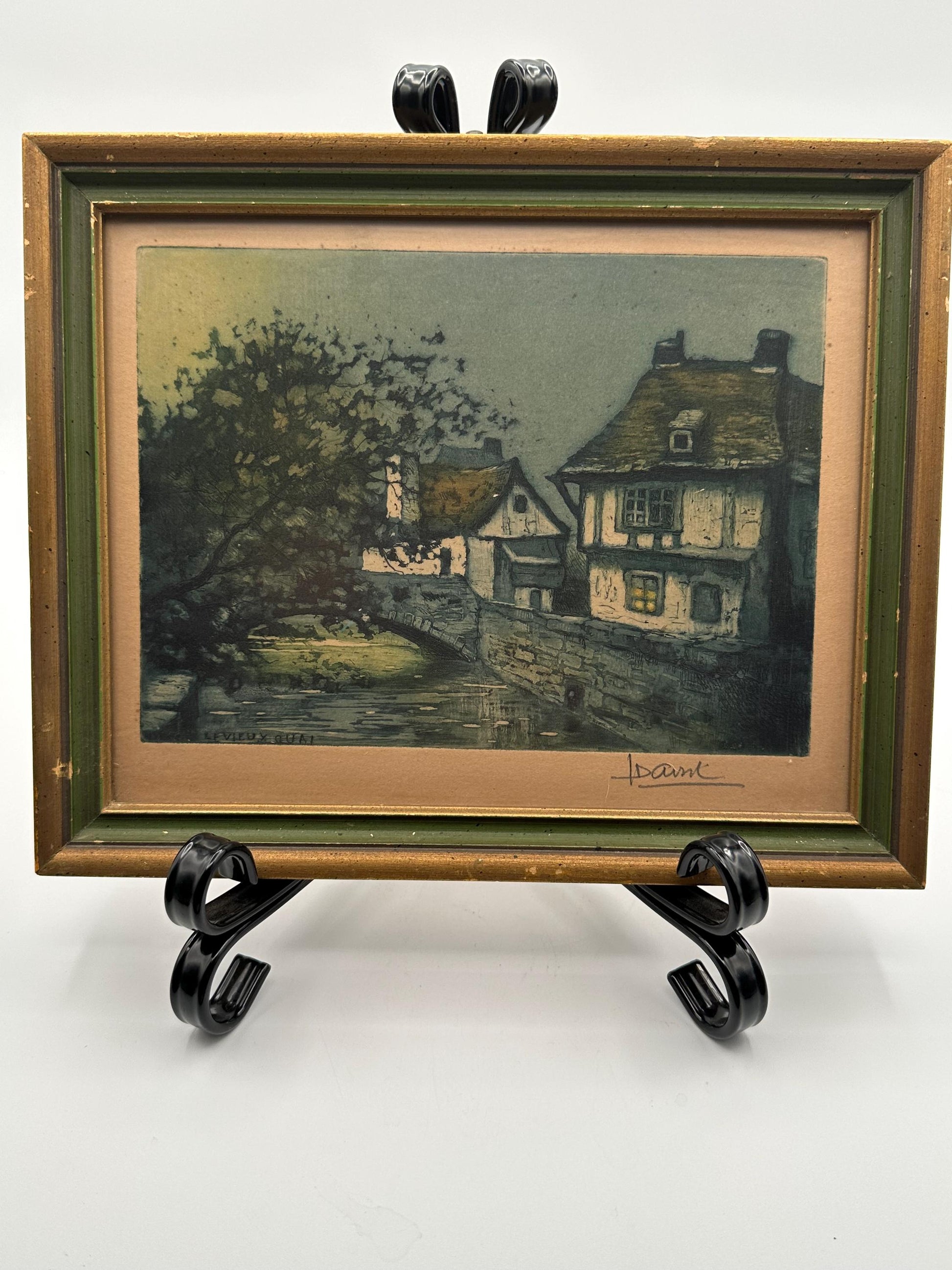 Mid-Century French Village Print Le Vieux Quai Signed Vintage Framed Artwork Wall Decor