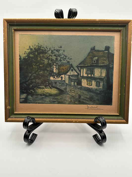Mid-Century French Village Print Le Vieux Quai Signed Vintage Framed Artwork Wall Decor