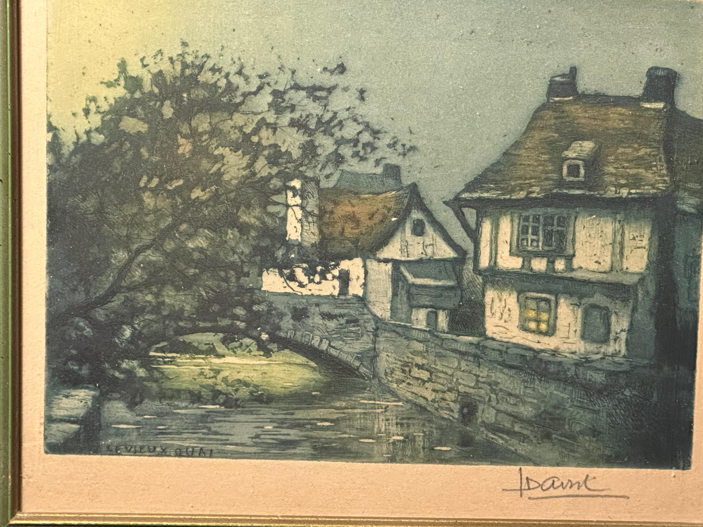 Mid-Century French Village Print Le Vieux Quai Signed Vintage Framed Artwork Wall Decor