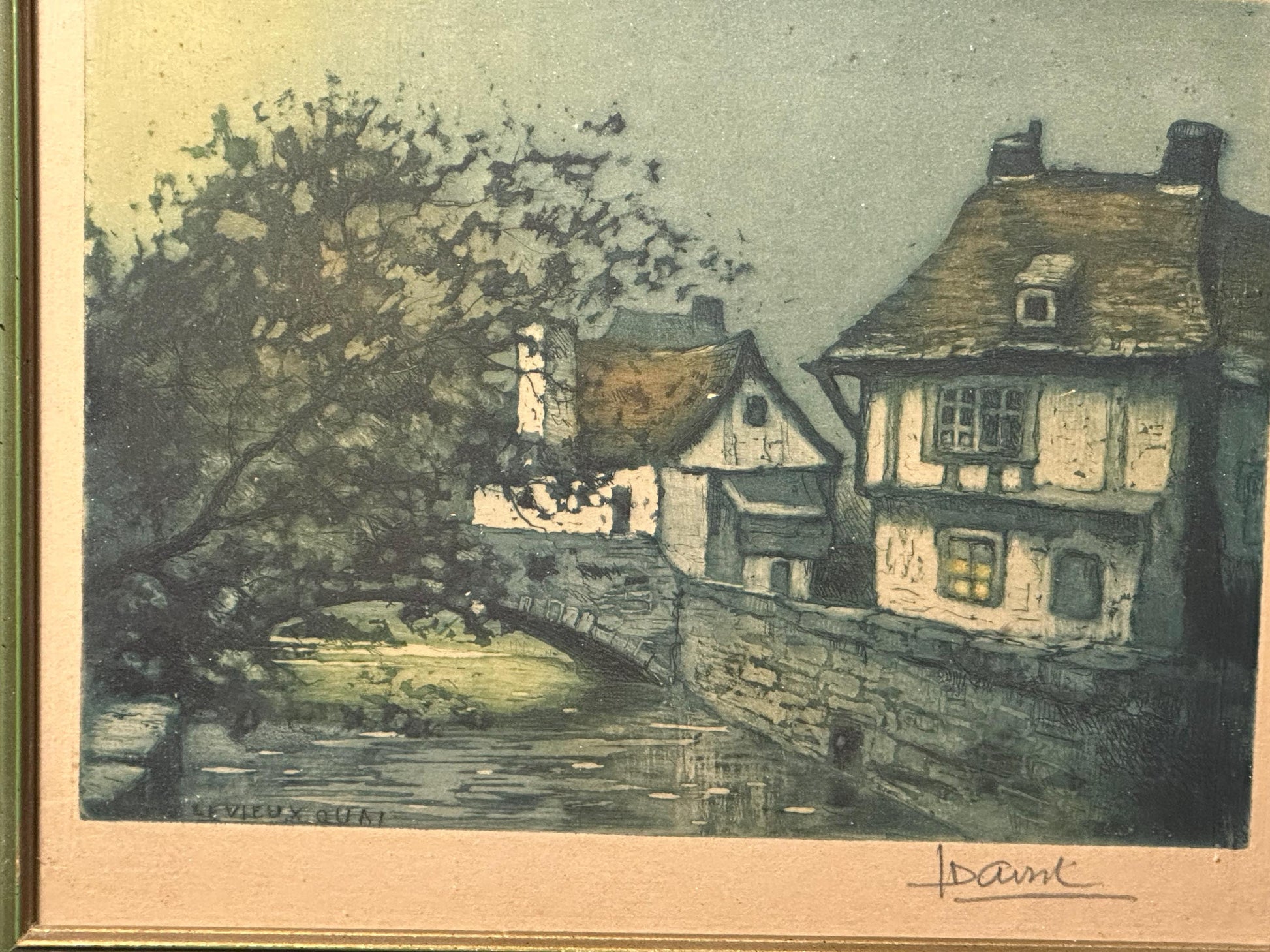 Mid-Century French Village Print Le Vieux Quai Signed Vintage Framed Artwork Wall Decor