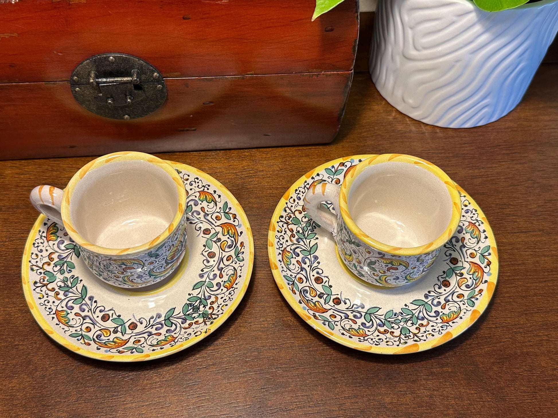 Meridiana Ceramiche Hand Painted Italian Cup Saucer Set of 2 - Vintage Ceramic Dinnerware