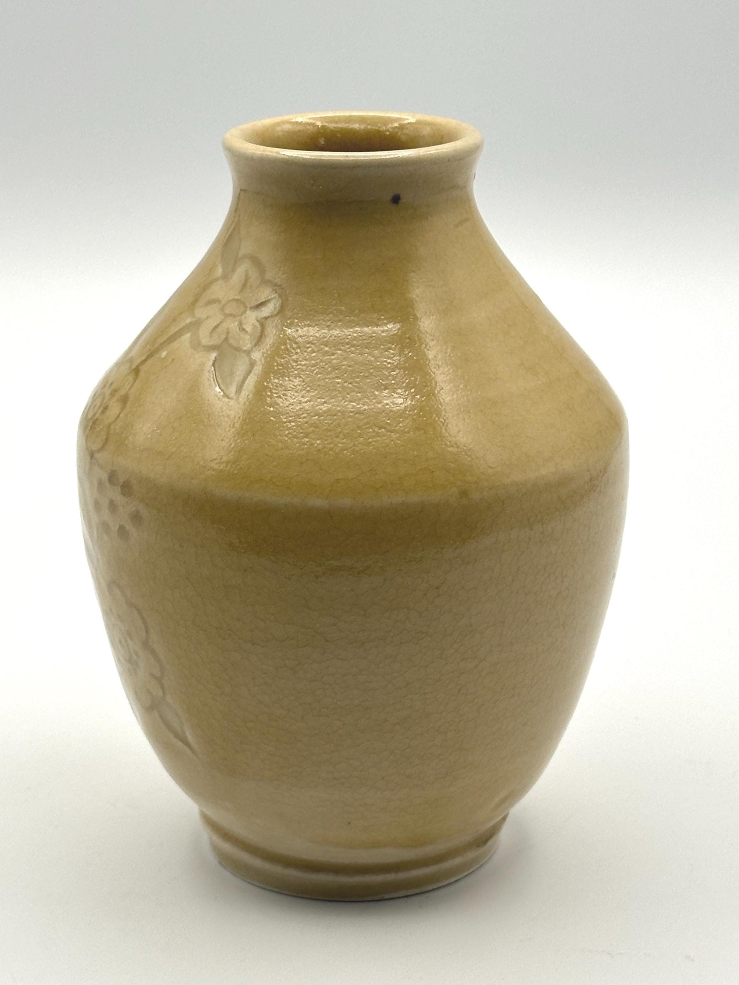 Vintage Yellow Stoneware Bud Vase Embossed Floral Motif Tan Crackle Glaze Artist Signed Pottery