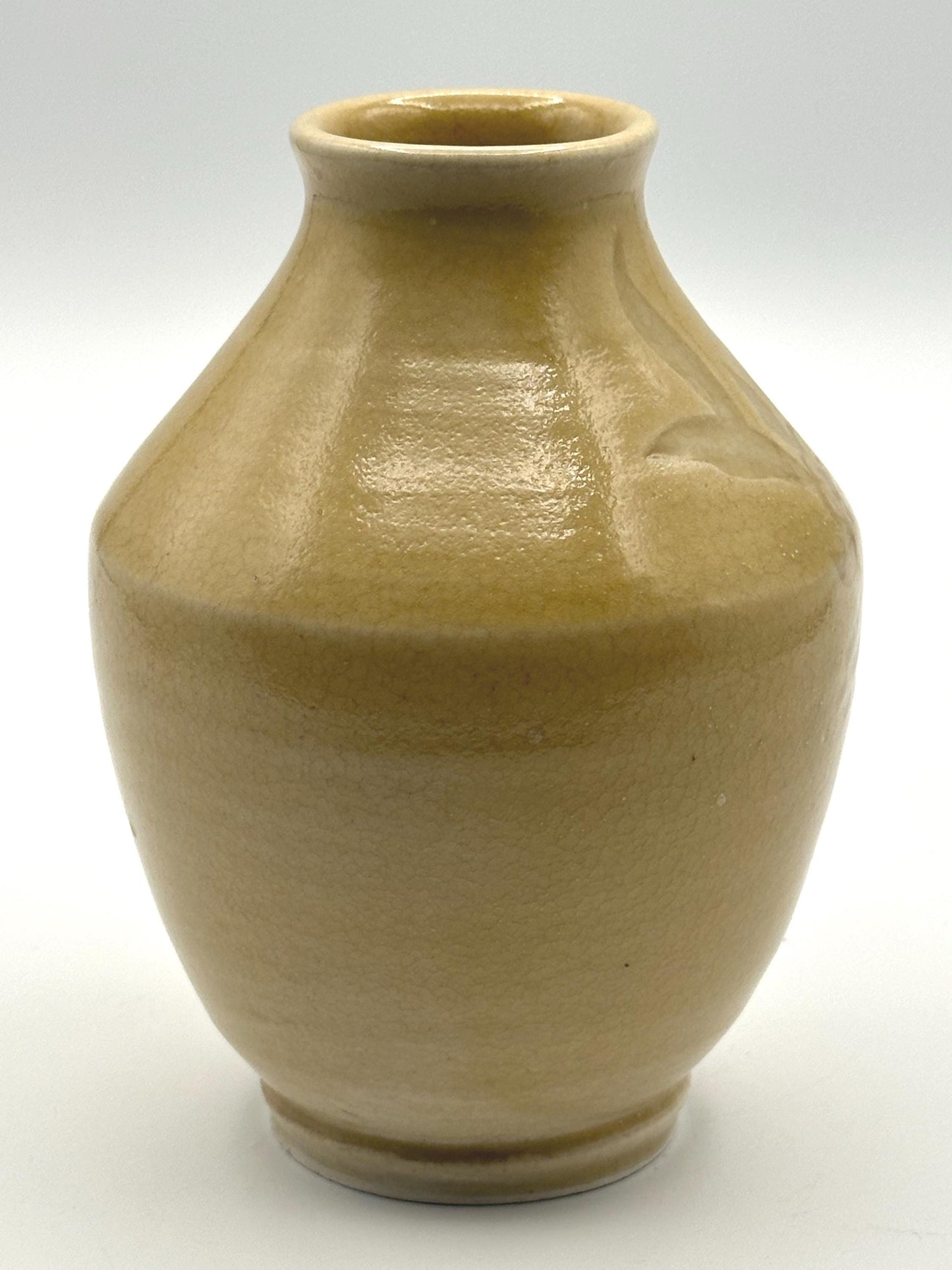 Vintage Yellow Stoneware Bud Vase Embossed Floral Motif Tan Crackle Glaze Artist Signed Pottery