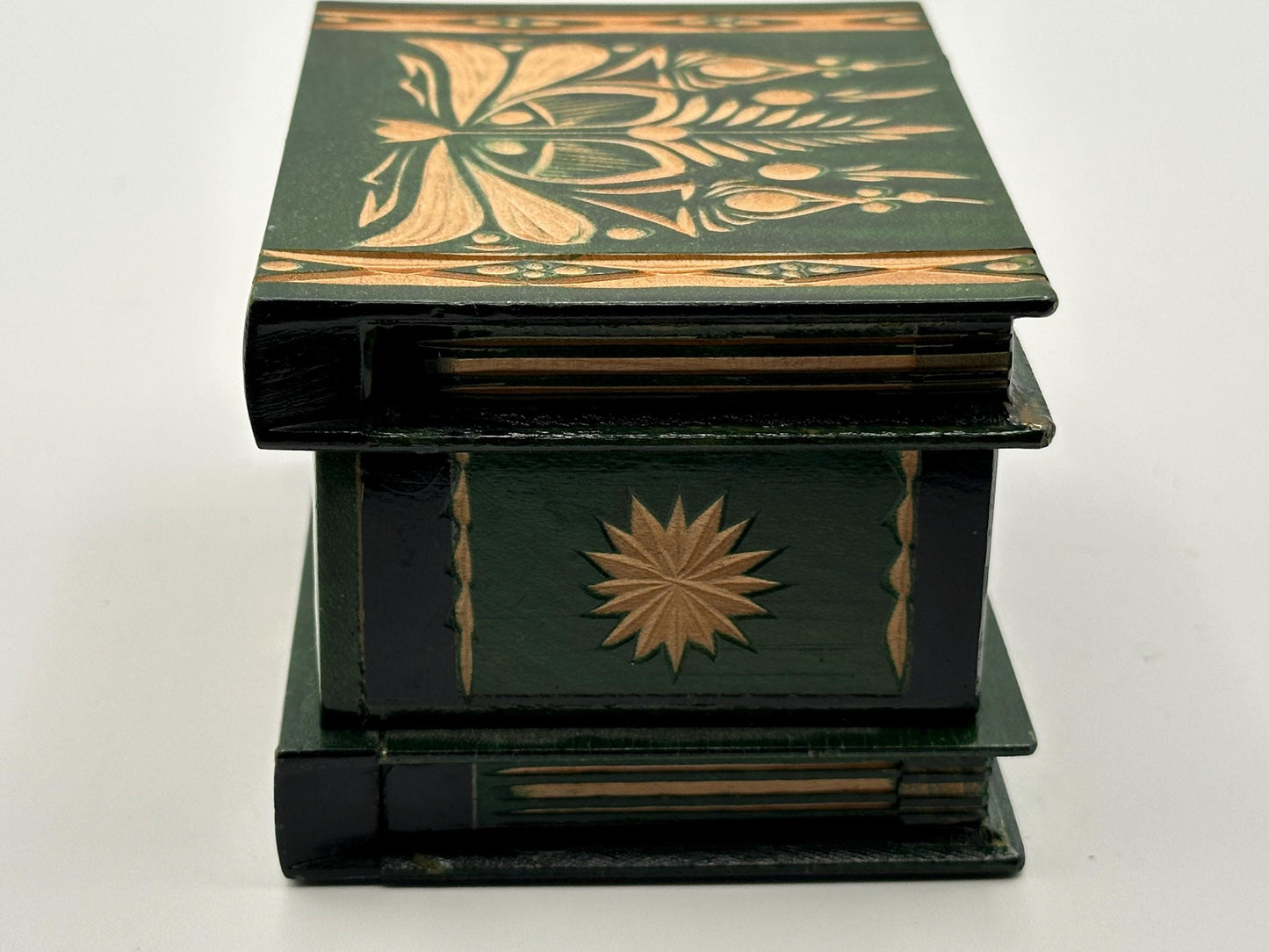 Vintage Handcrafted Green Wood Puzzle Box - Romanian Folk Carving Jewelry Storage Trinket Chest