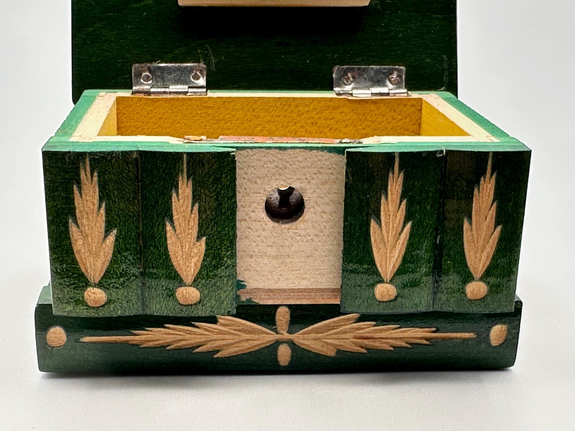 Vintage Handcrafted Green Wood Puzzle Box - Romanian Folk Carving Jewelry Storage Trinket Chest