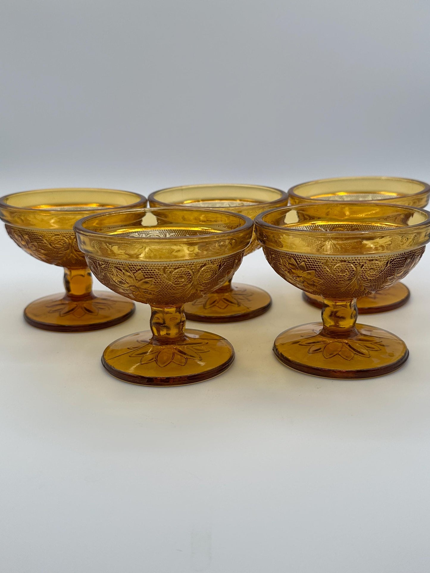 Vintage Amber Glass Dessert Set - 5 Sherbet Cups & 6 Plates | Pressed Floral Design