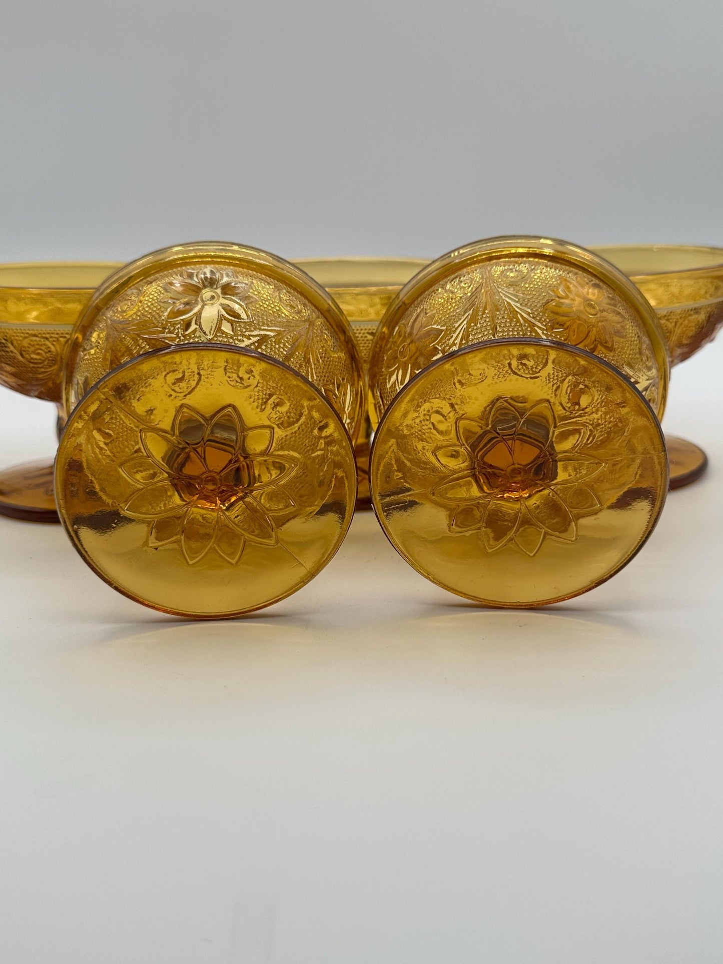 Vintage Amber Glass Dessert Set - 5 Sherbet Cups & 6 Plates | Pressed Floral Design