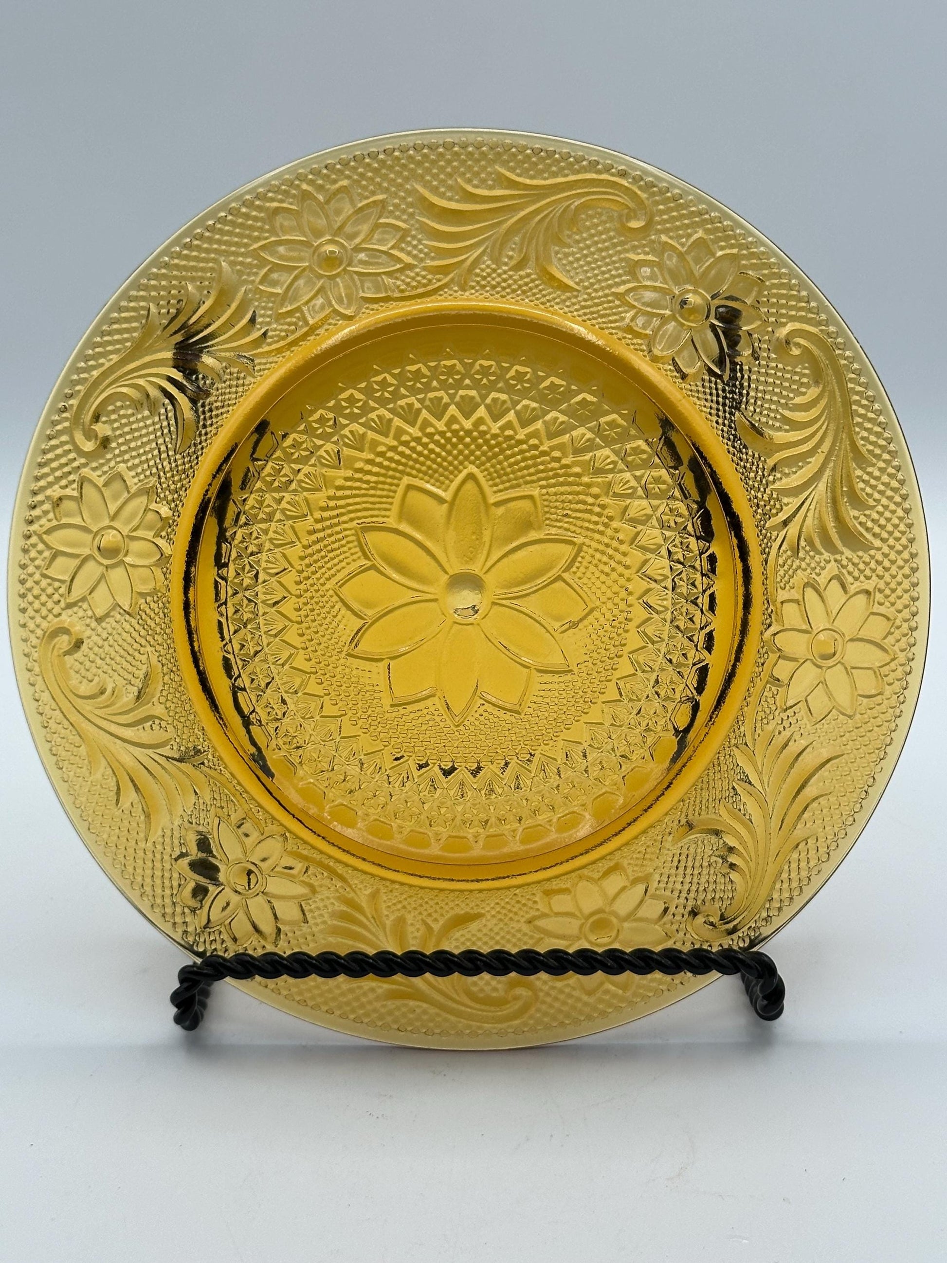 Vintage Amber Glass Dessert Set - 5 Sherbet Cups & 6 Plates | Pressed Floral Design