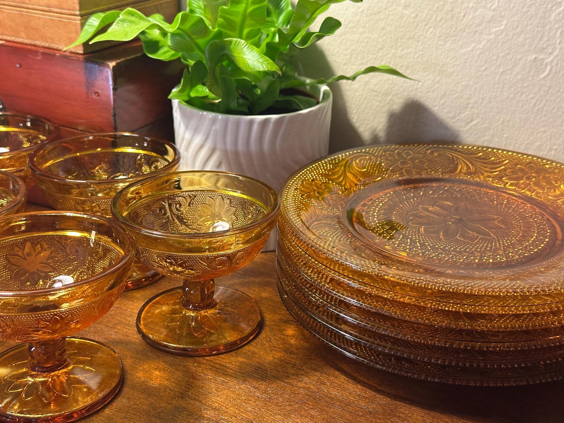 Vintage Amber Glass Dessert Set - 5 Sherbet Cups & 6 Plates | Pressed Floral Design