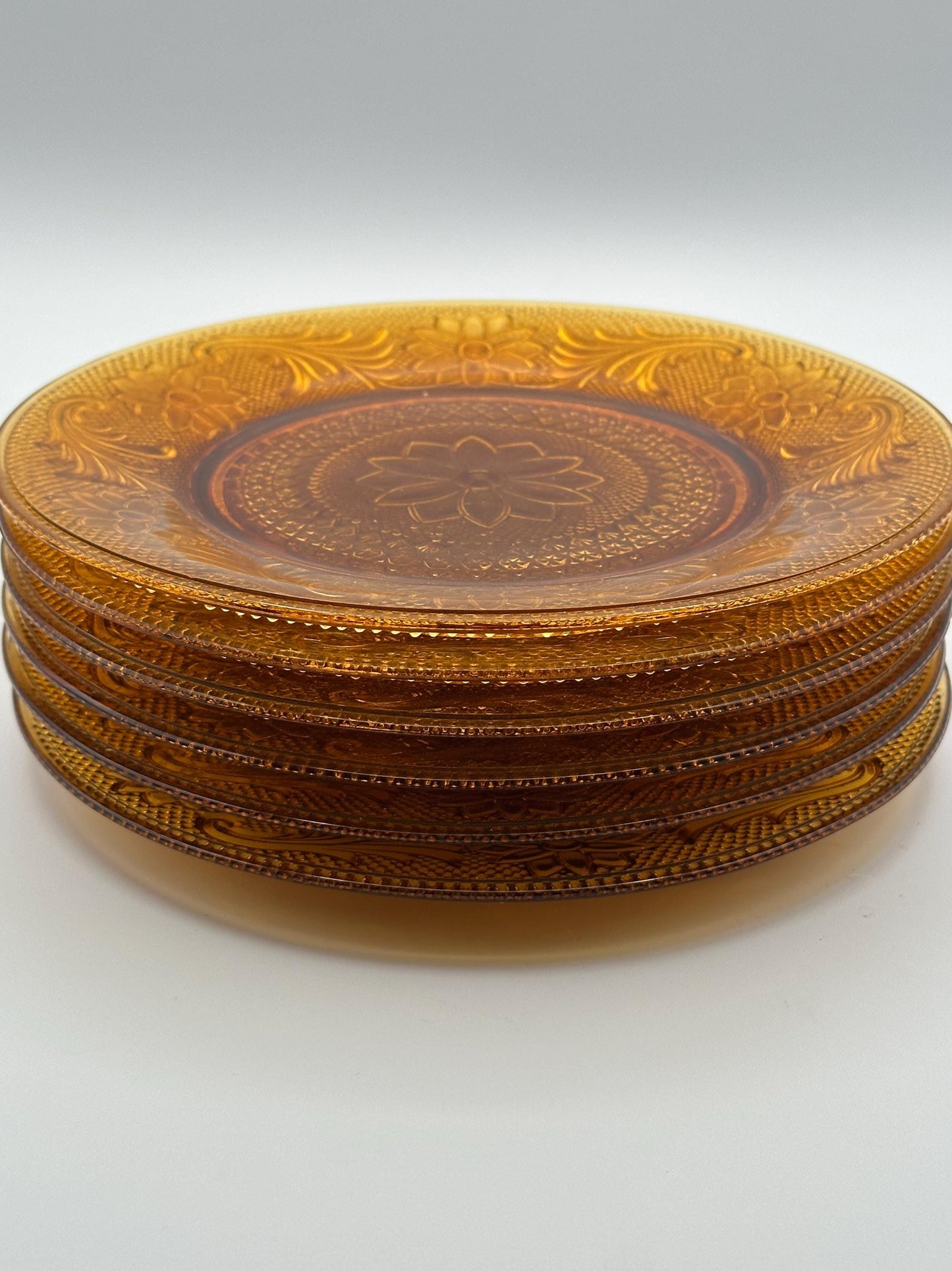 Vintage Amber Glass Dessert Set - 5 Sherbet Cups & 6 Plates | Pressed Floral Design