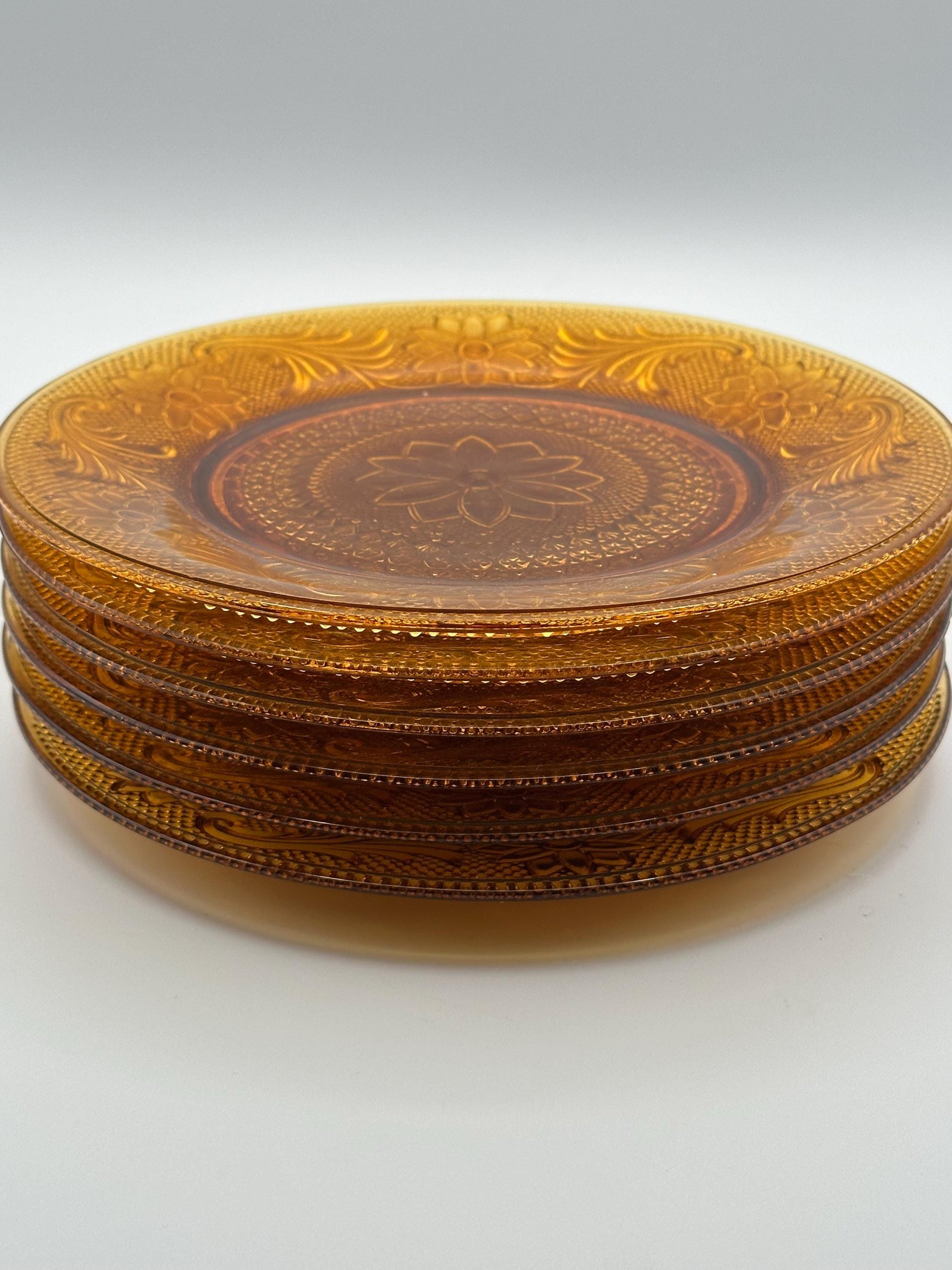 Vintage Amber Glass Dessert Set - 5 Sherbet Cups & 6 Plates | Pressed Floral Design