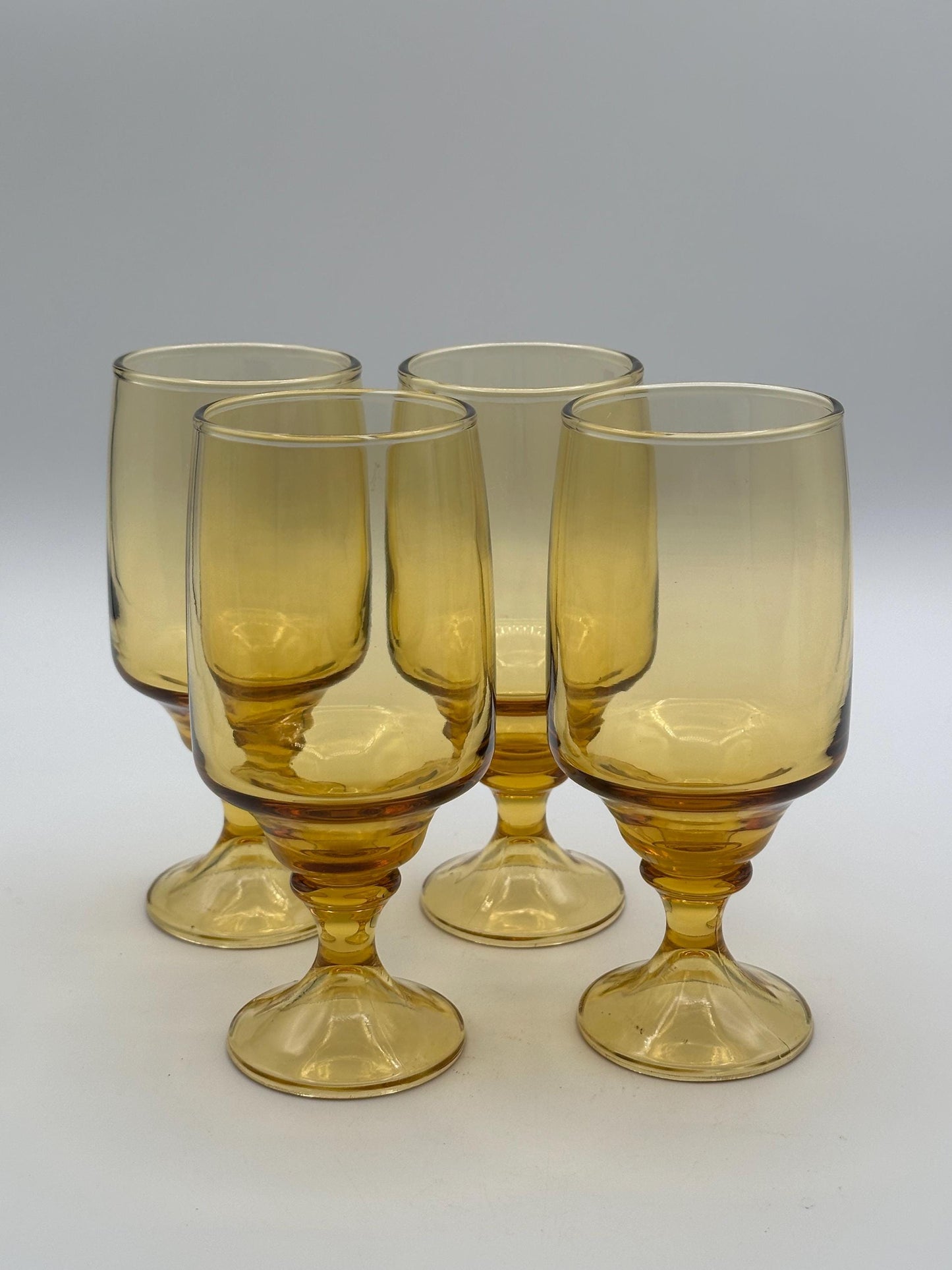 Vintage Amber Glass Goblets Set of 4 Pedestal Wine Water Glasses Mid Century Modern Drinkware