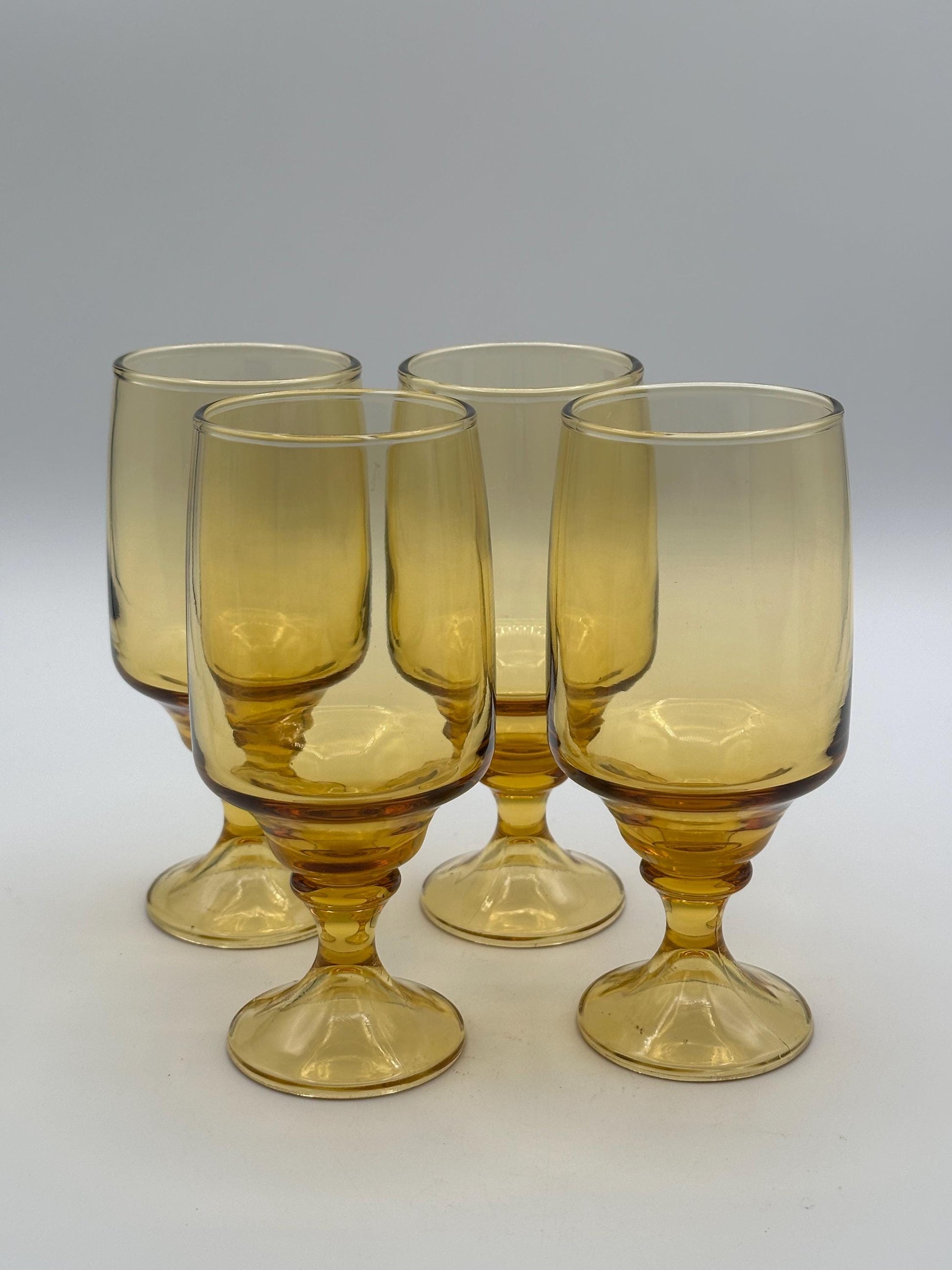 Vintage Amber Glass Goblets Set of 4 Pedestal Wine Water Glasses Mid Century Modern Drinkware