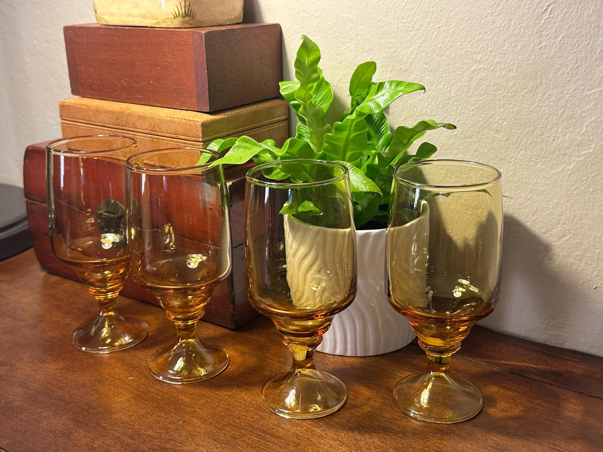 Vintage Amber Glass Goblets Set of 4 Pedestal Wine Water Glasses Mid Century Modern Drinkware