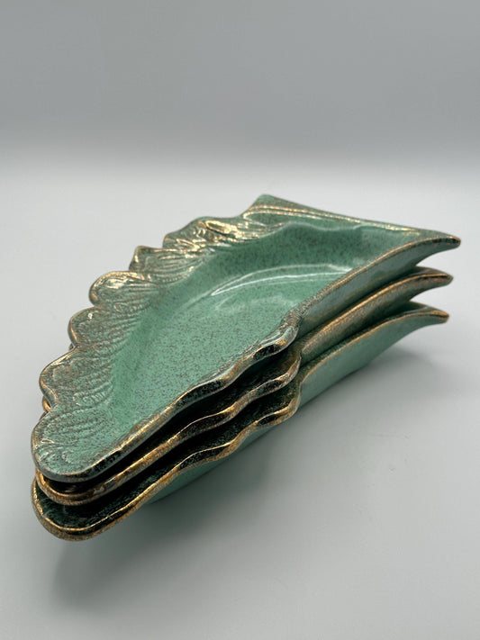 Vintage California Originals Green Ceramic Leaf Serving Dishes Set of 3 Trays with Gold Trim Mid Century Pottery