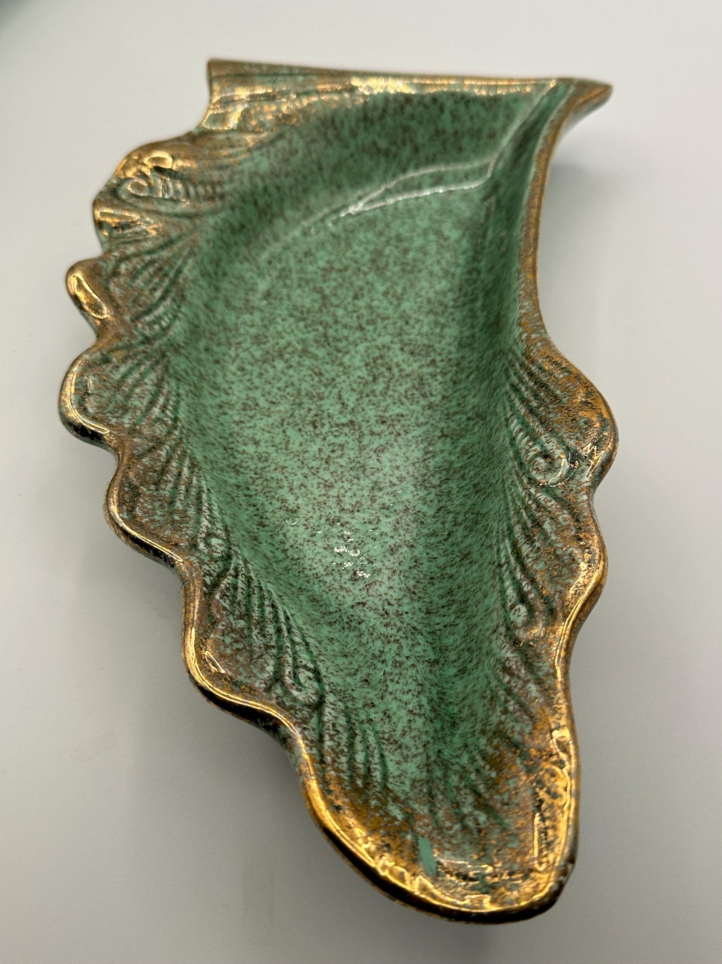 Vintage California Originals Green Ceramic Leaf Serving Dishes Set of 3 Trays with Gold Trim Mid Century Pottery