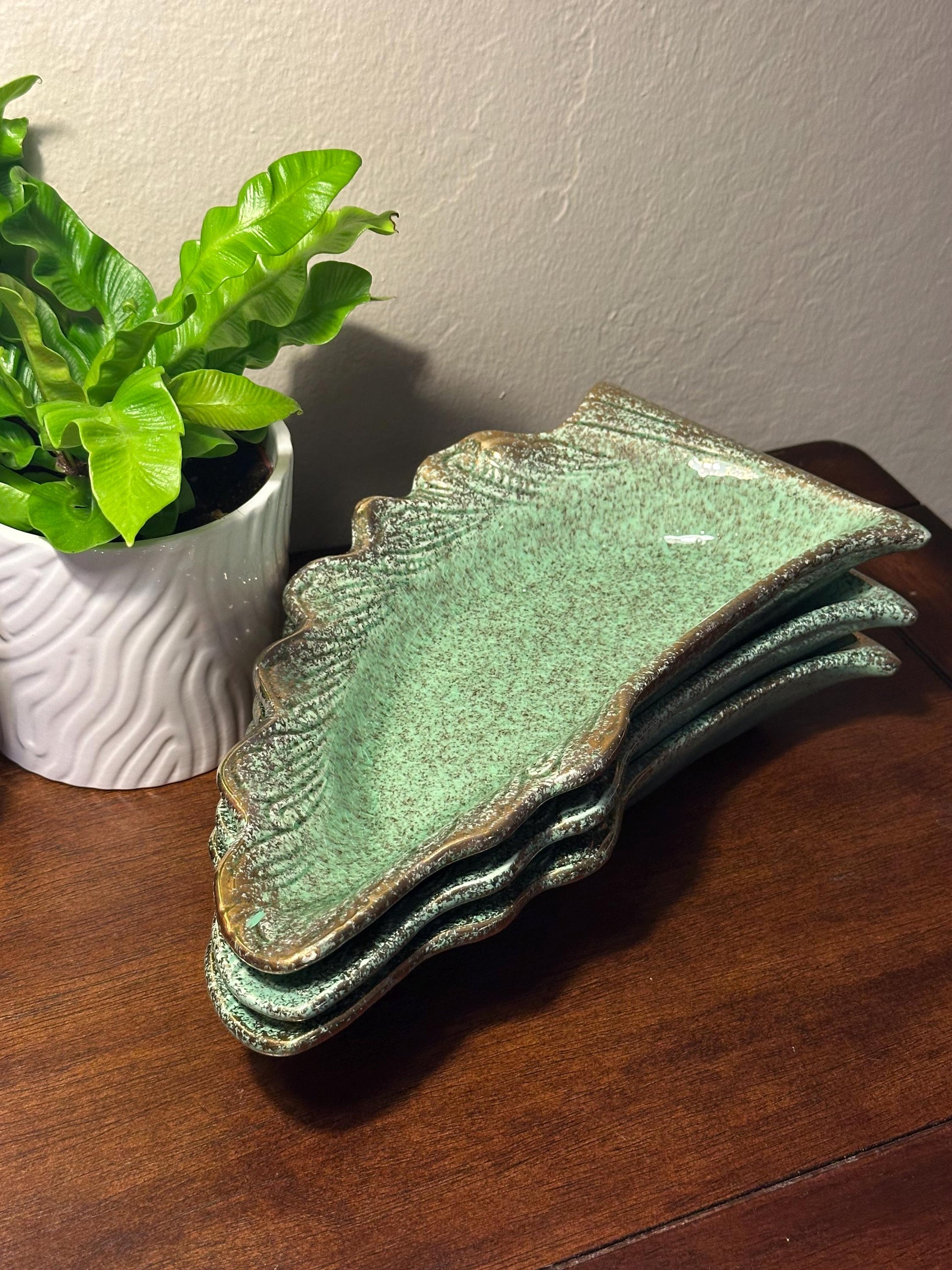 Vintage California Originals Green Ceramic Leaf Serving Dishes Set of 3 Trays with Gold Trim Mid Century Pottery