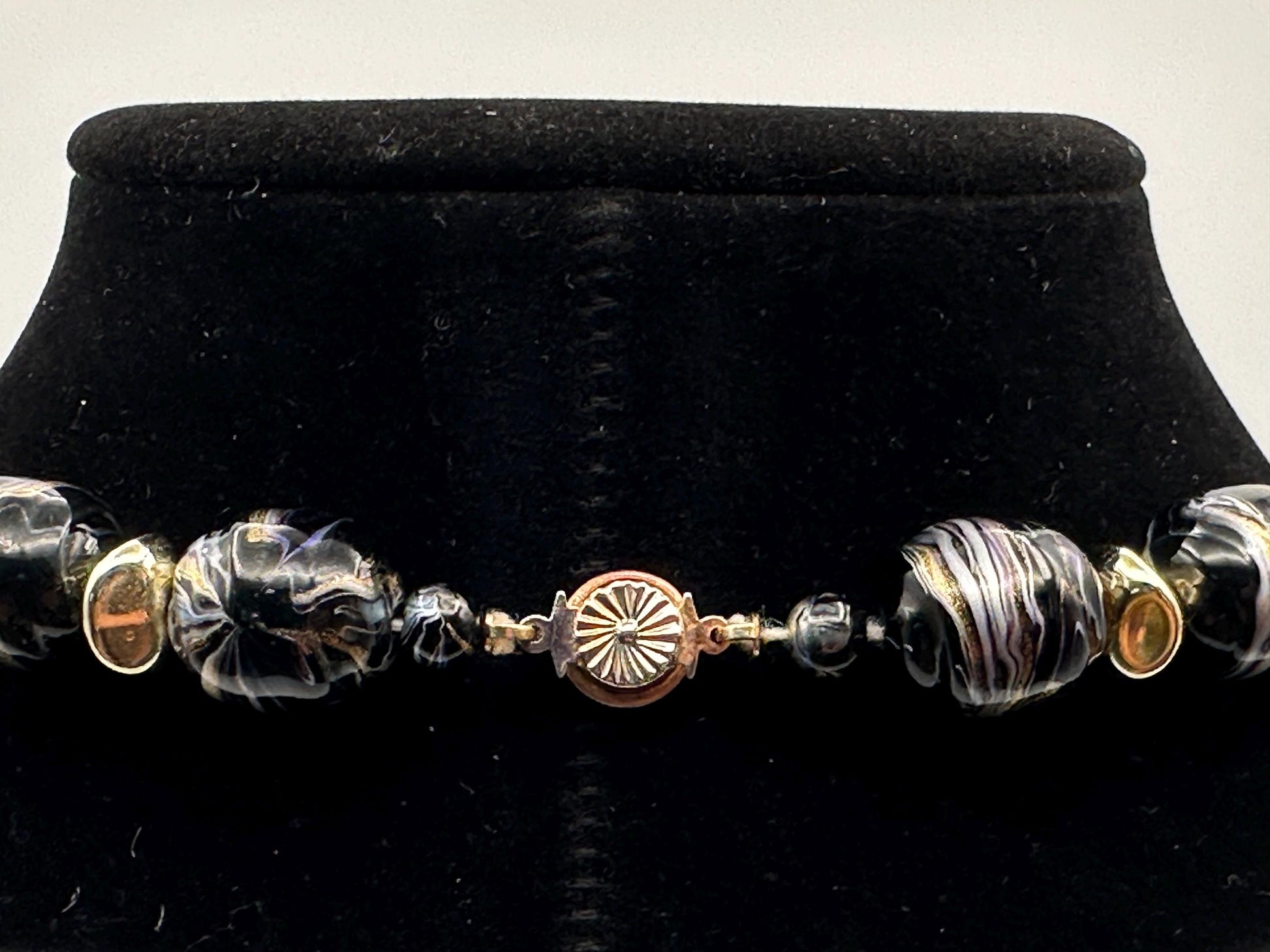 Vintage Black Gray Swirl Beaded Necklace Gold Accents Statement Jewelry Retro Elegant Boho Chic Gift