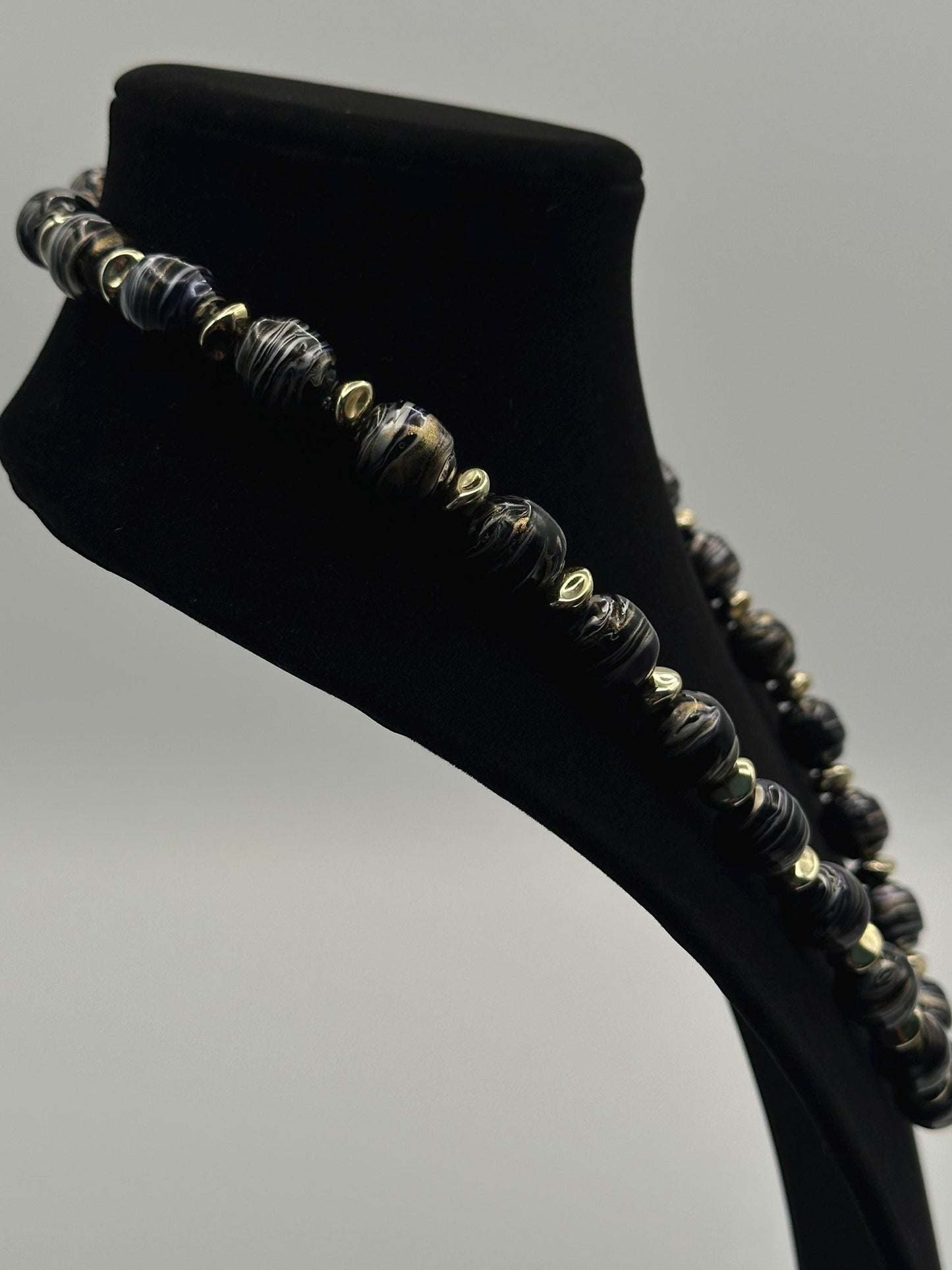 Vintage Black Gray Swirl Beaded Necklace Gold Accents Statement Jewelry Retro Elegant Boho Chic Gift