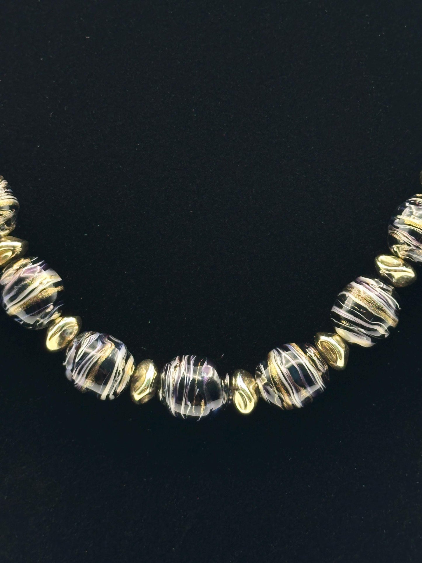 Vintage Black Gray Swirl Beaded Necklace Gold Accents Statement Jewelry Retro Elegant Boho Chic Gift