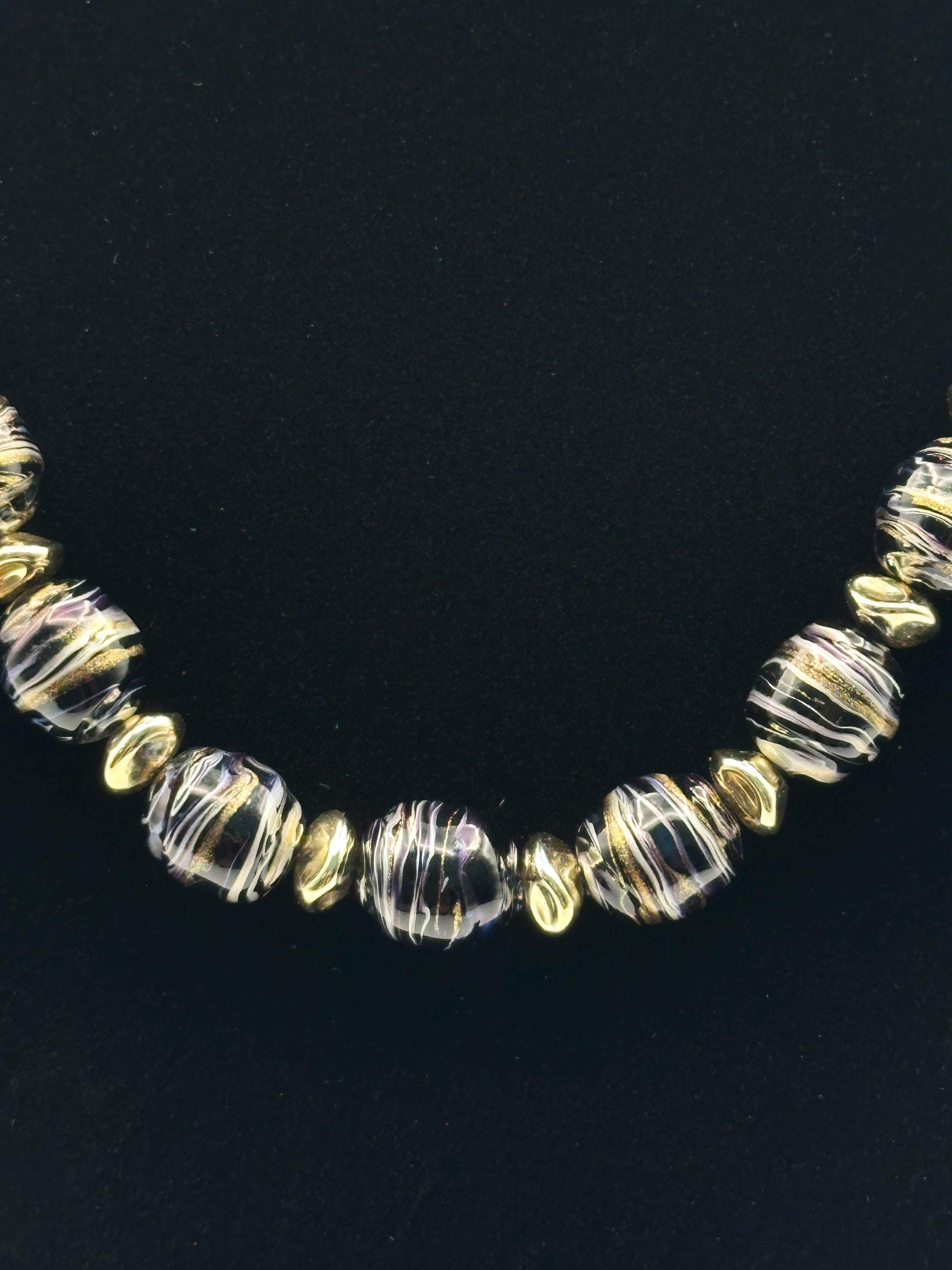 Vintage Black Gray Swirl Beaded Necklace Gold Accents Statement Jewelry Retro Elegant Boho Chic Gift