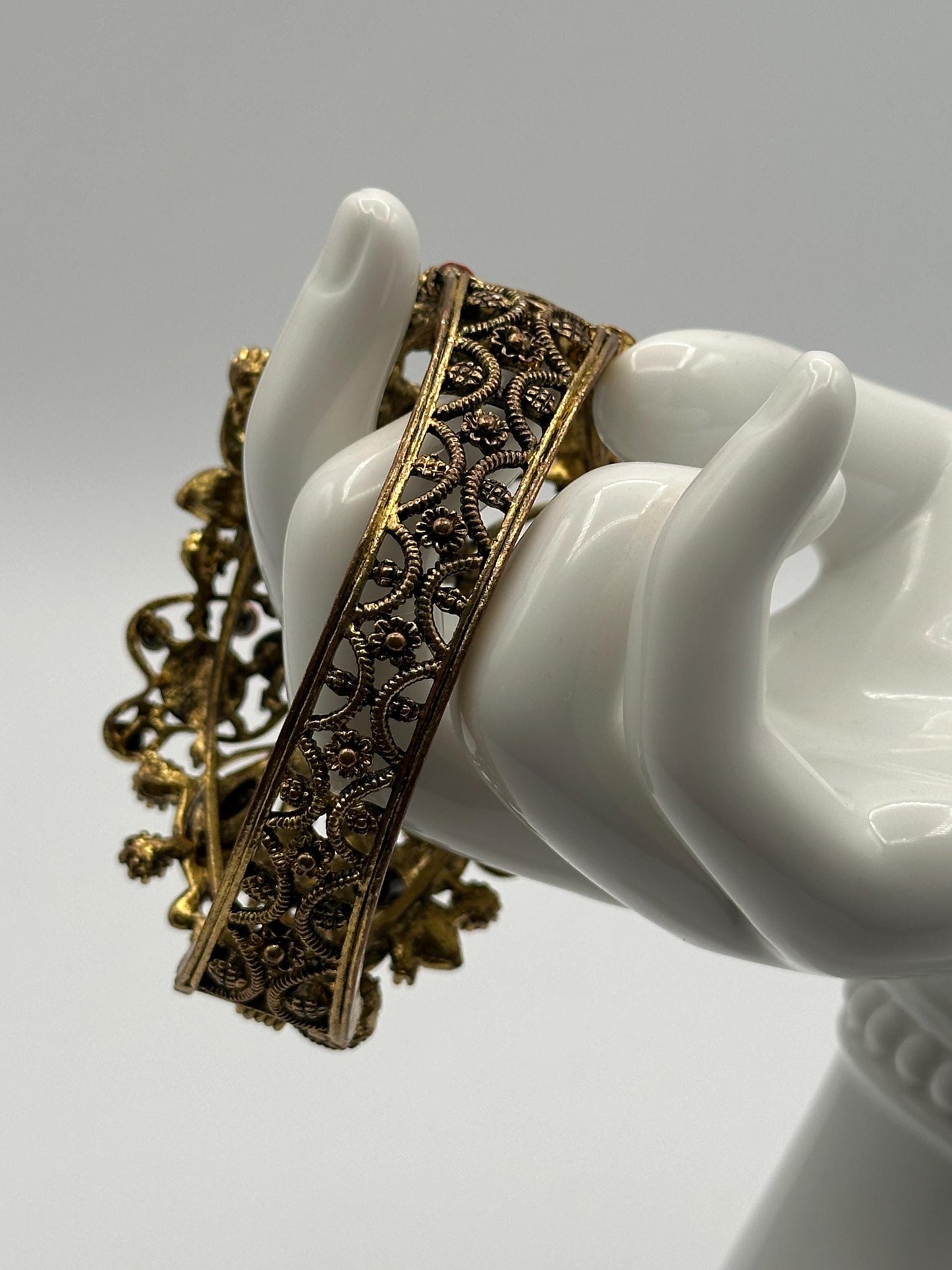 Vintage Hinged Cuff Bracelet Red Dragonfly Embellished Rhinestone Gold Tone Statement Jewelry