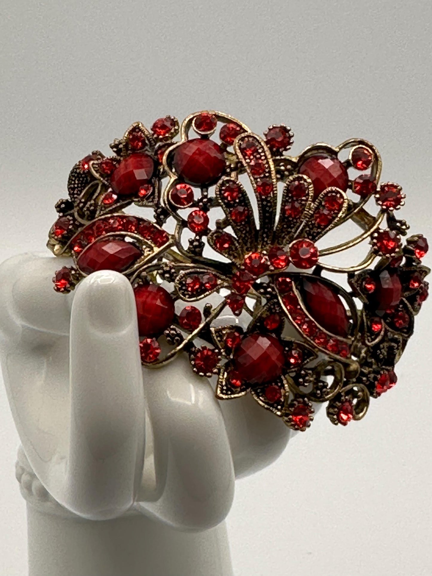 Vintage Hinged Cuff Bracelet Red Dragonfly Embellished Rhinestone Gold Tone Statement Jewelry