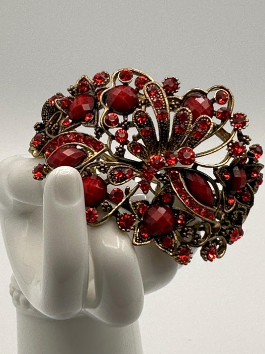 Vintage Hinged Cuff Bracelet Red Dragonfly Embellished Rhinestone Gold Tone Statement Jewelry