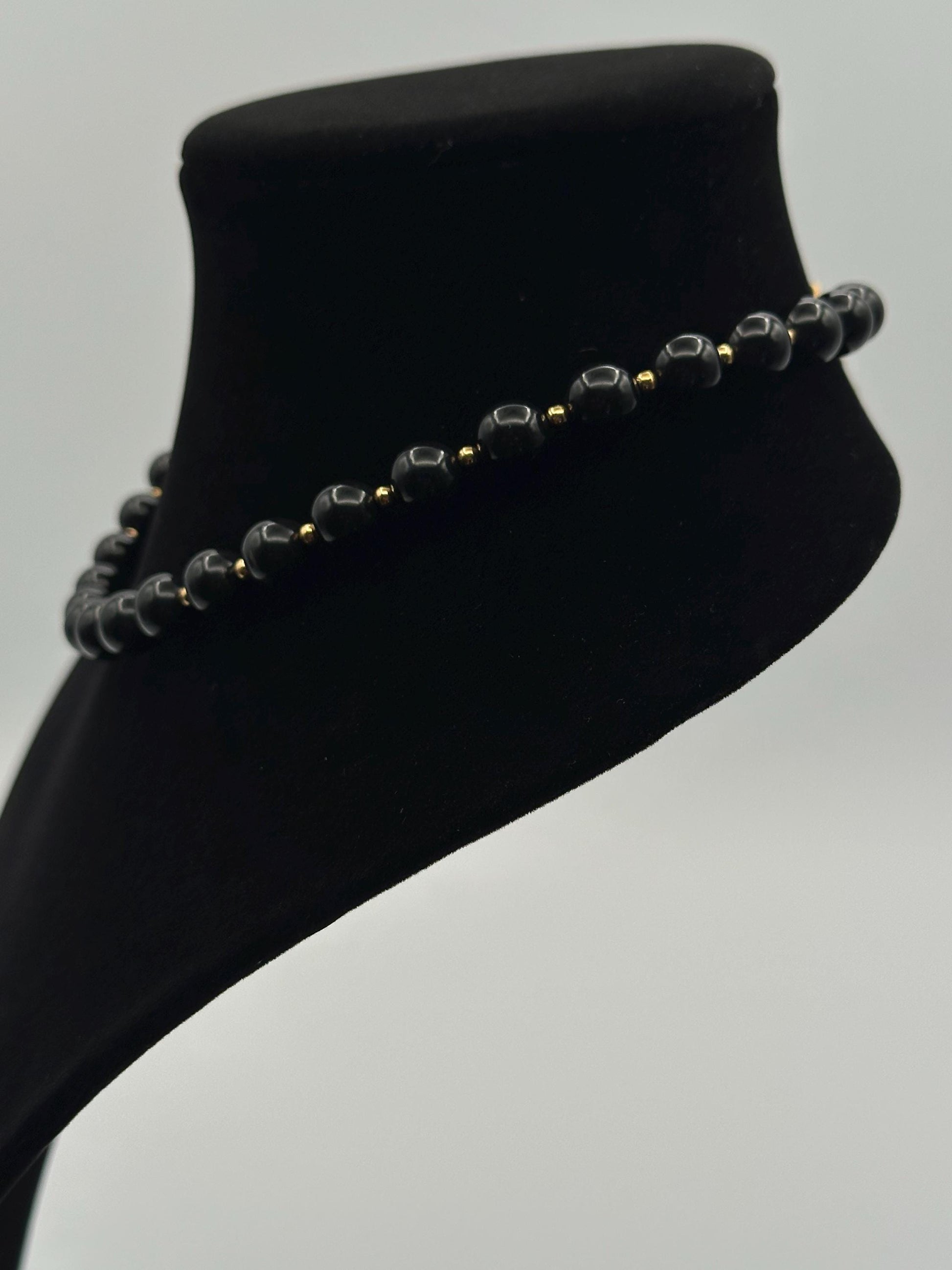 Vintage Monet Black Beaded Necklace with Gold Accents - Designer Statement Jewelry Gift for Women