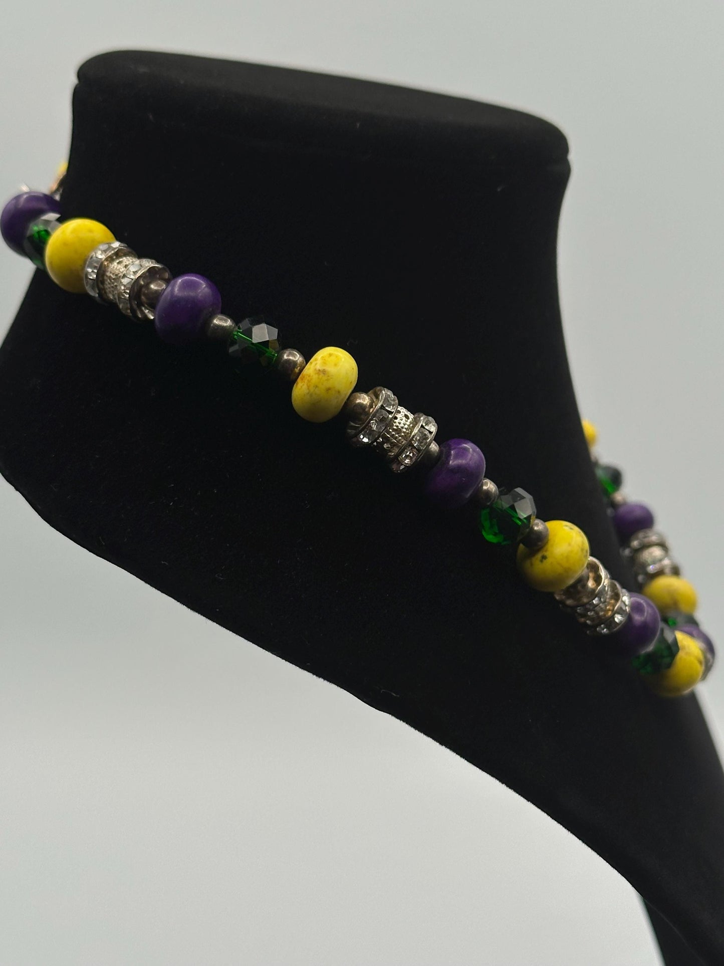 Mardi Gras Purple Yellow Beaded Necklace Green Crystal Rhinestone Spacer Charms Matching Wrap Bracelet Set