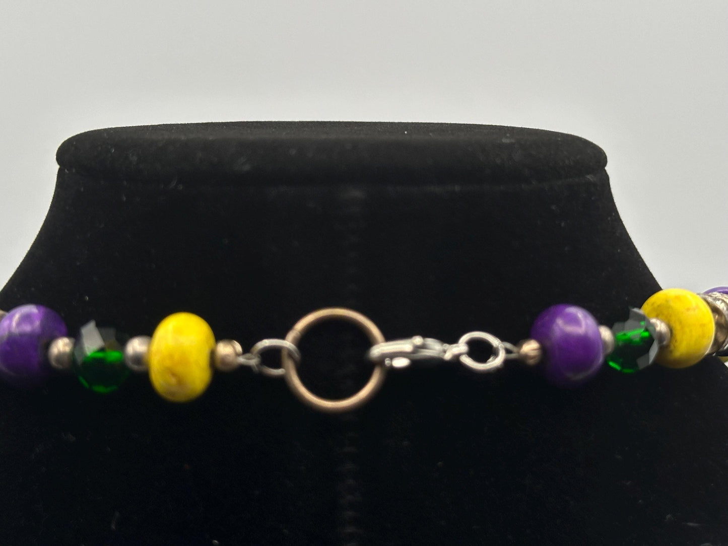 Mardi Gras Purple Yellow Beaded Necklace Green Crystal Rhinestone Spacer Charms Matching Wrap Bracelet Set