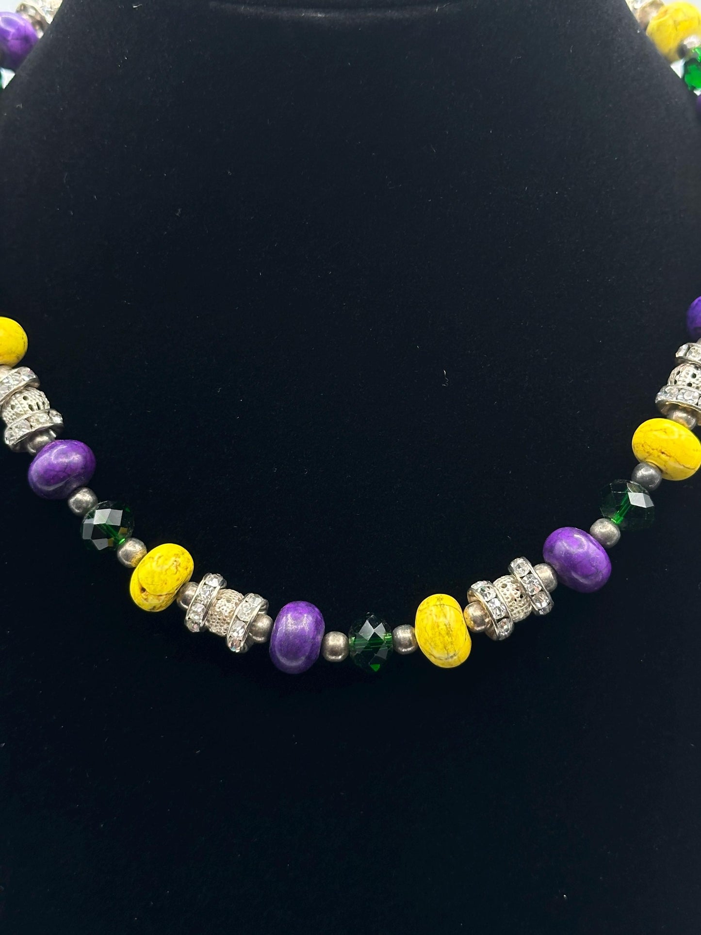 Mardi Gras Purple Yellow Beaded Necklace Green Crystal Rhinestone Spacer Charms Matching Wrap Bracelet Set