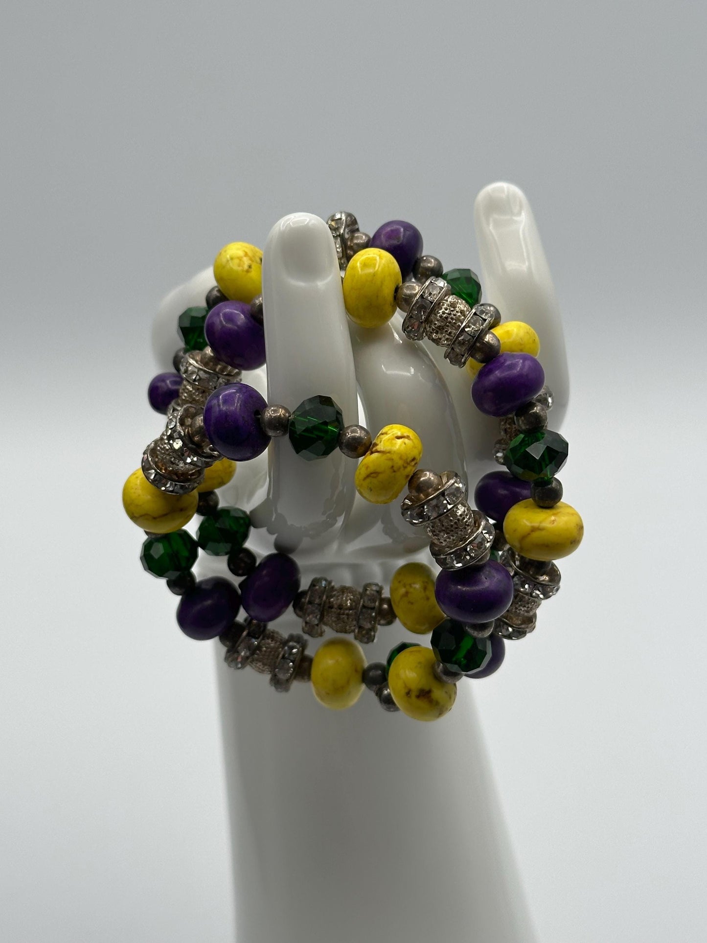 Mardi Gras Purple Yellow Beaded Necklace Green Crystal Rhinestone Spacer Charms Matching Wrap Bracelet Set