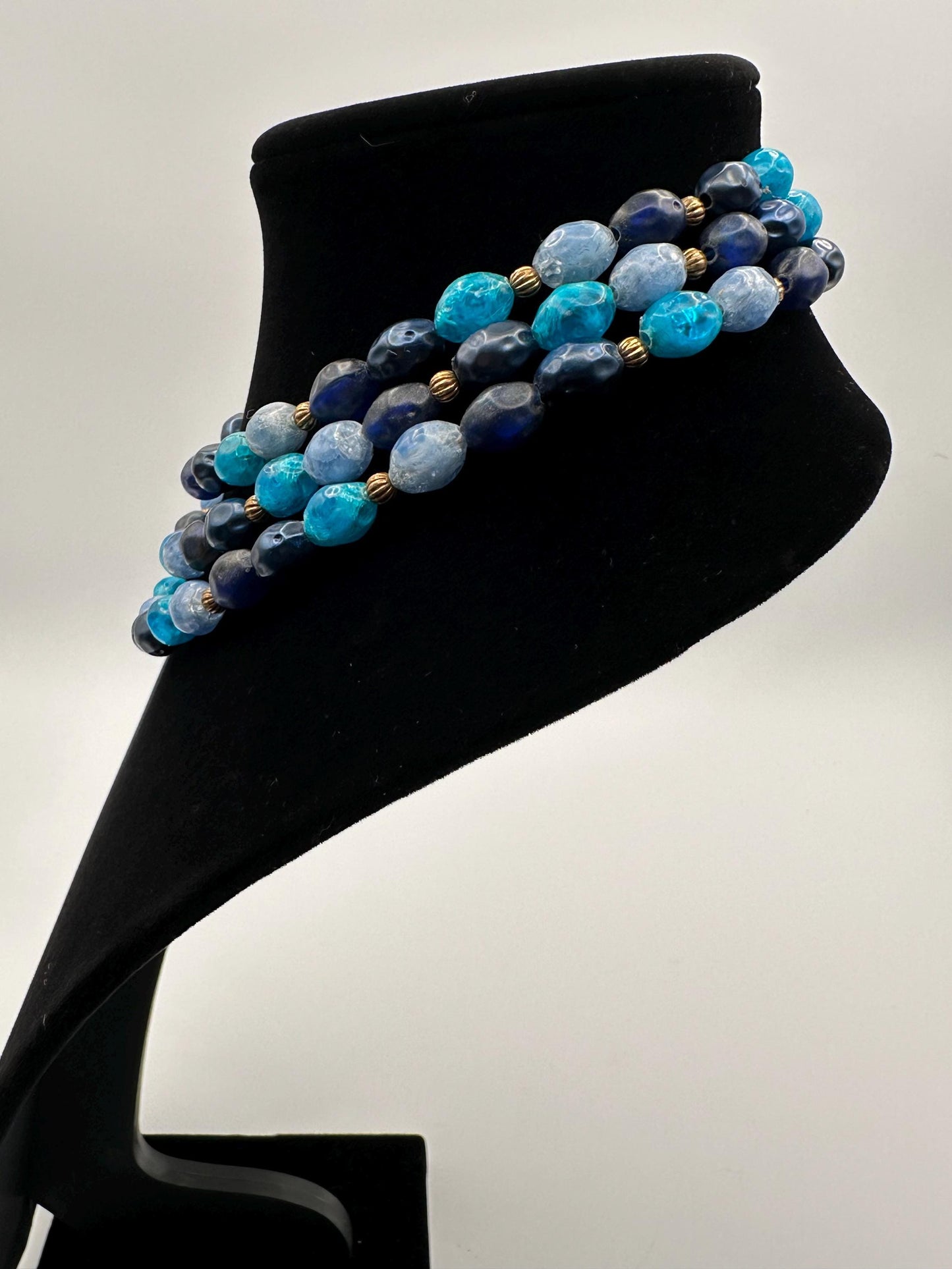 Vintage Lisner Blue and Turquoise Beaded Necklace Faceted 3 Strand Signed Designer Gold Accents Mid Century Jewelry