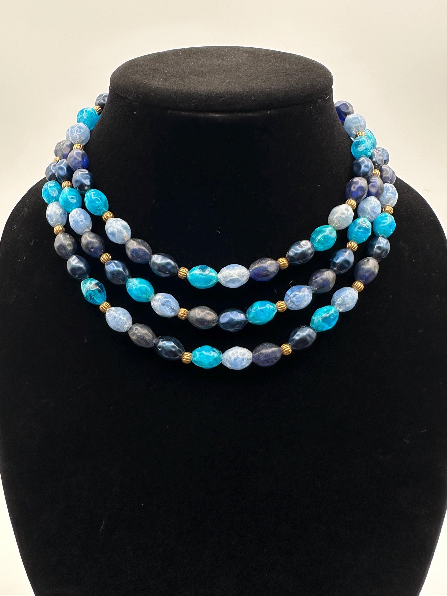Vintage Lisner Blue and Turquoise Beaded Necklace Faceted 3 Strand Signed Designer Gold Accents Mid Century Jewelry