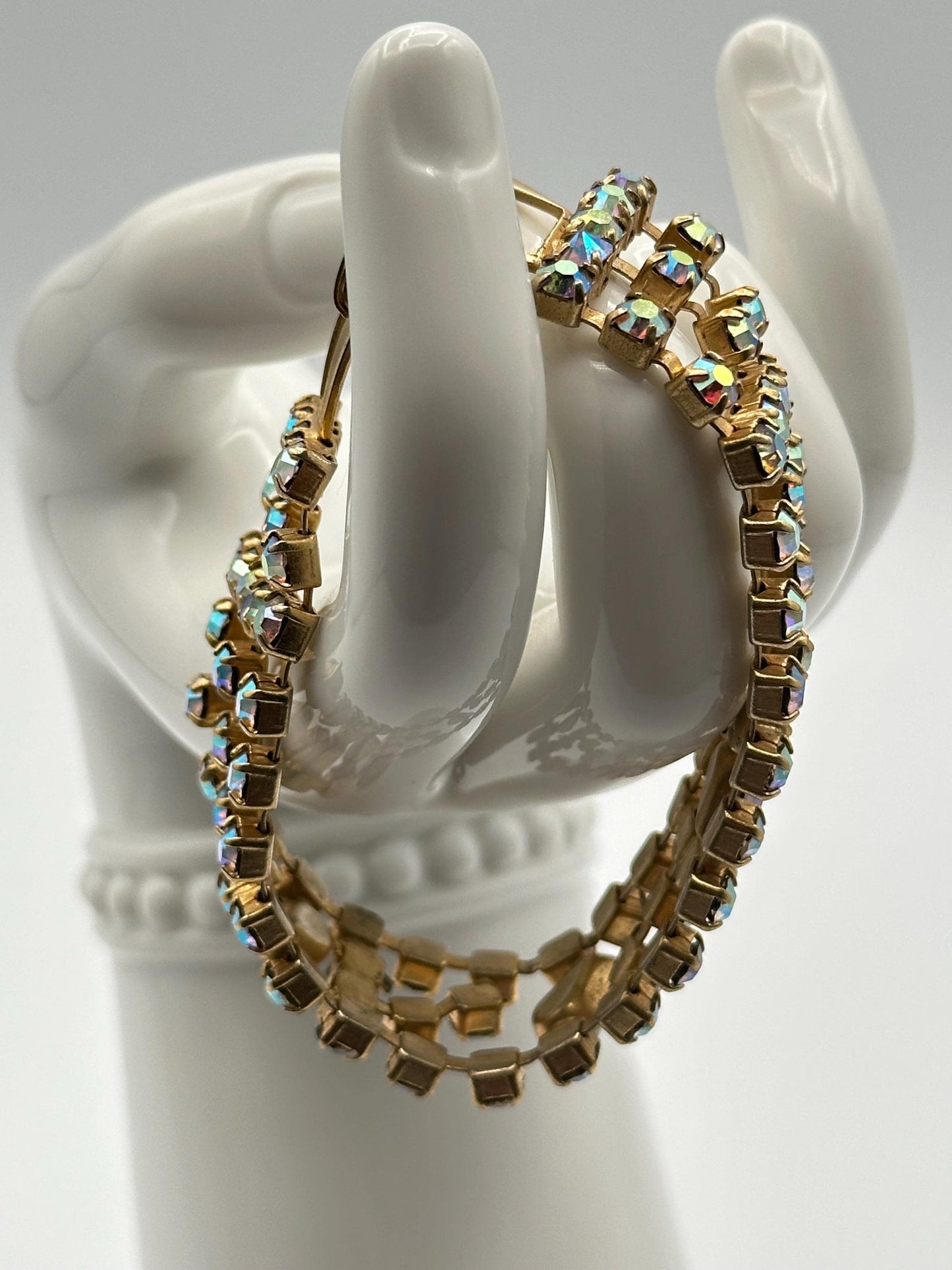 Vintage Aurora Borealis Rhinestone Bracelet 3 Rows Sparkly Crystal Jewelry Retro Glamour