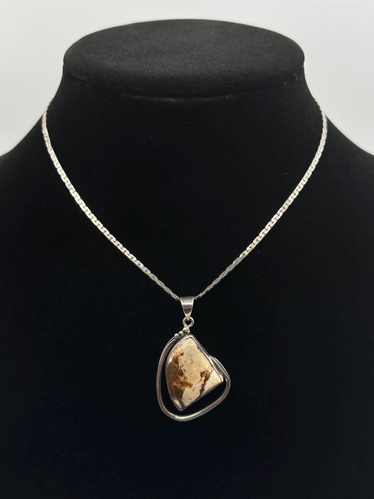 Vintage Sterling Silver Jasper Stone Pendant Necklace Natural Gemstone Boho Jewelry Gift