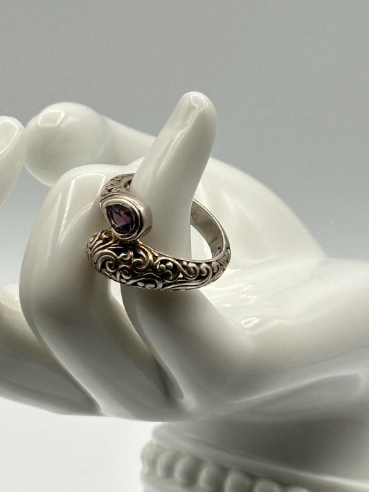 Sterling Silver 18k Gold Bypass Ring Faceted Amethyst Gemstone Artisan Handmade Two Tone Band
