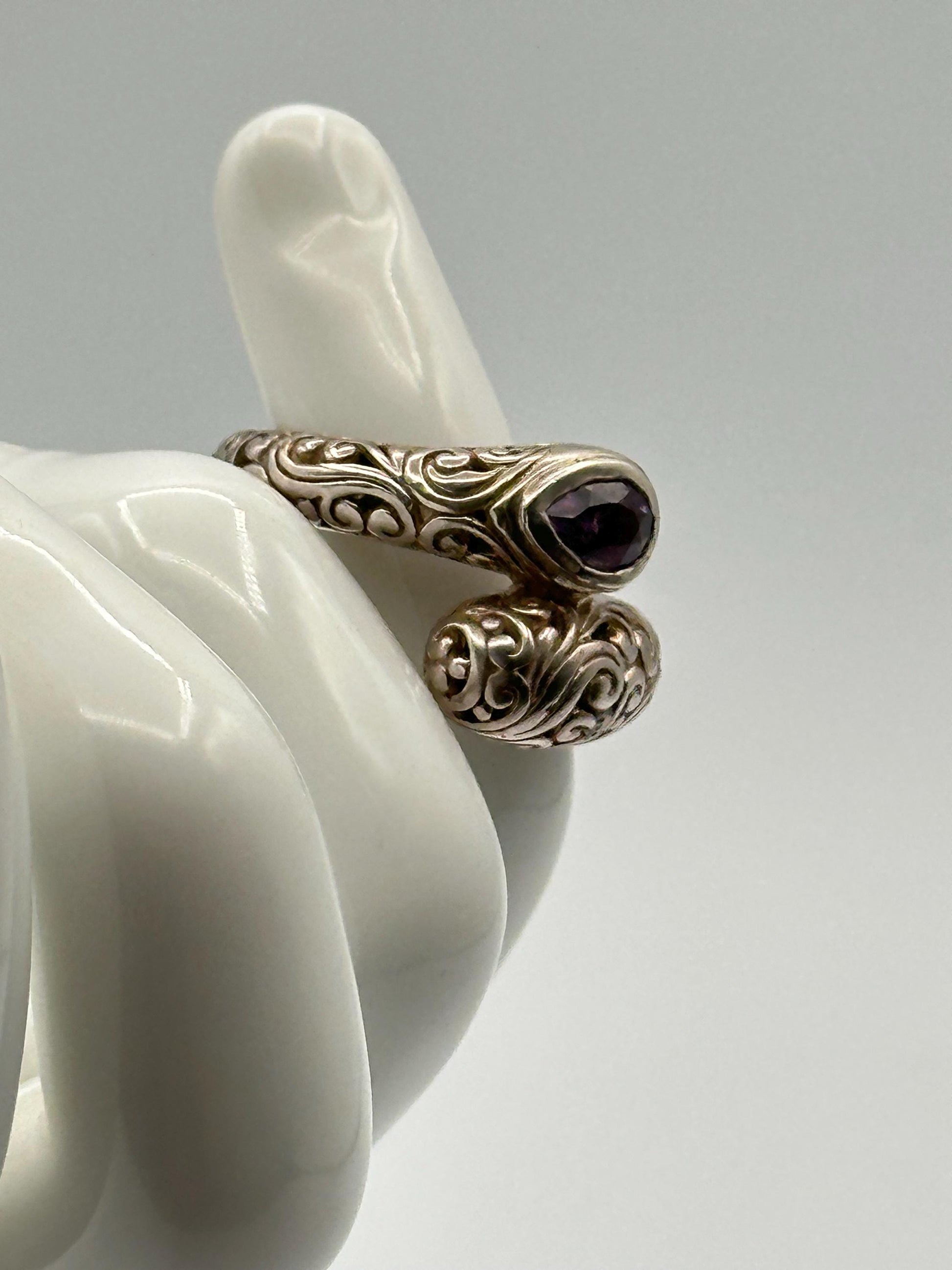 Sterling Silver 18k Gold Bypass Ring Faceted Amethyst Gemstone Artisan Handmade Two Tone Band