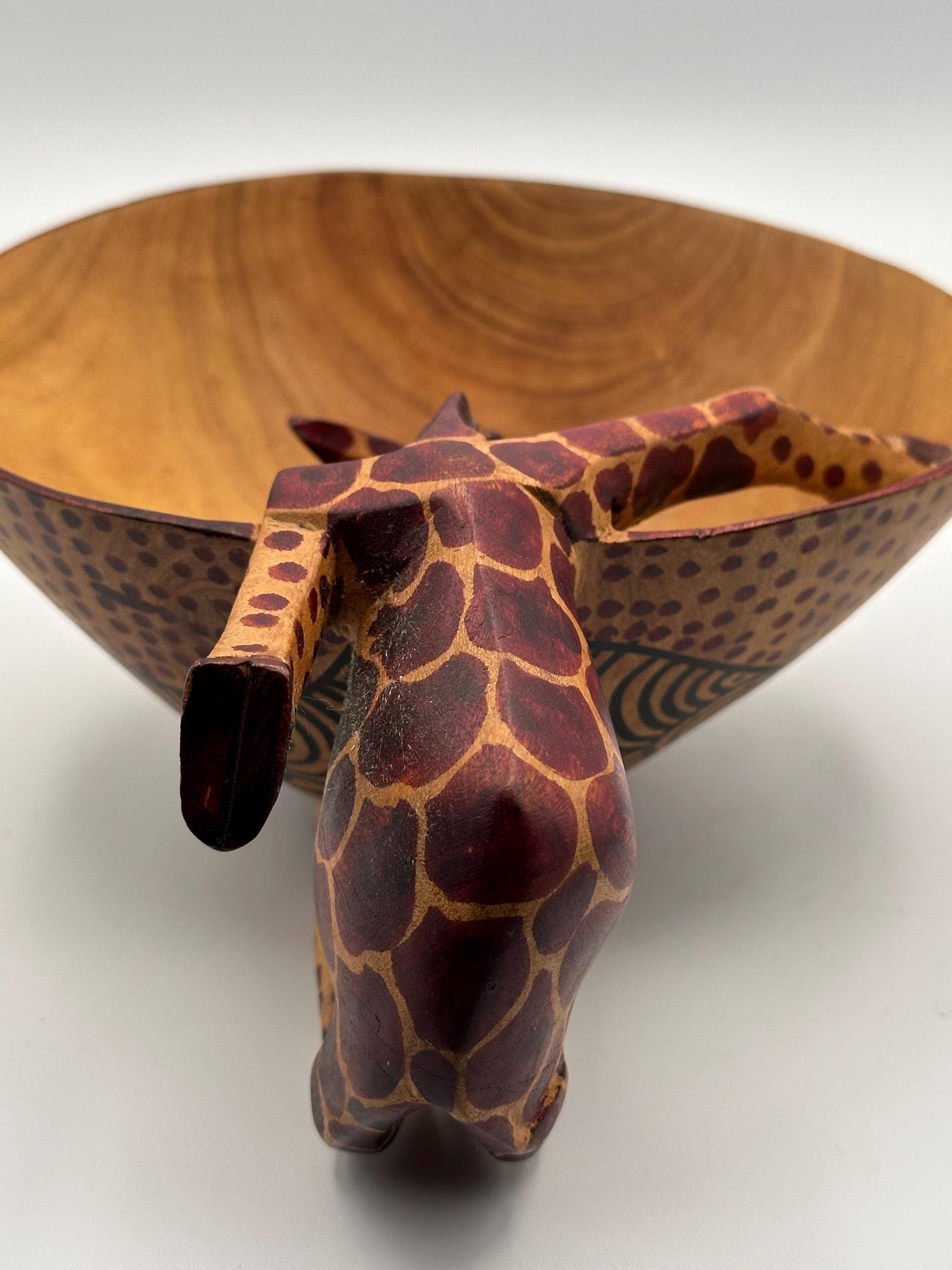 Hand-Carved Wooden Giraffe Bowl: African-Inspired Tribal Decor, Unique Artisan Animal Sculpture