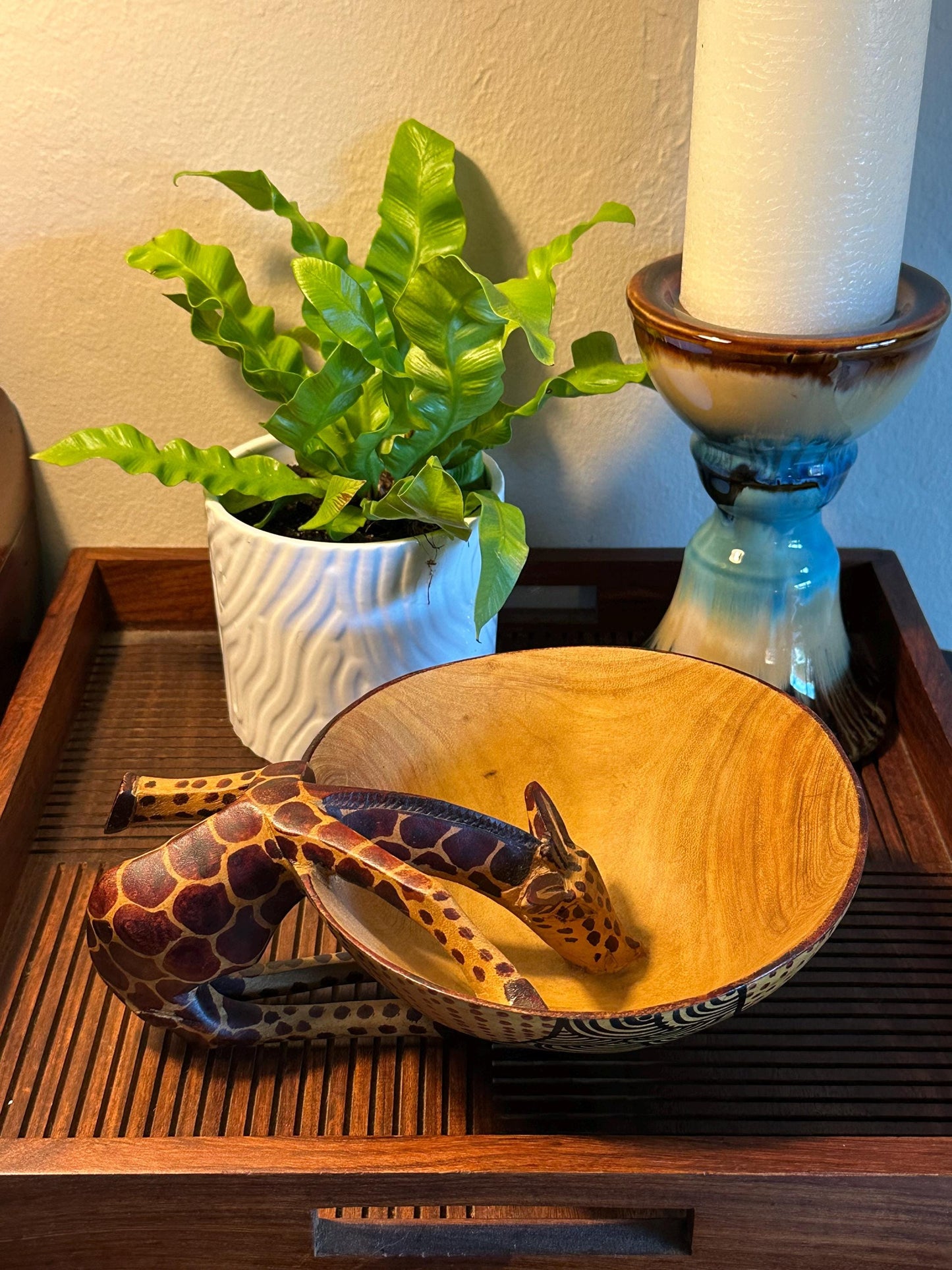 Hand-Carved Wooden Giraffe Bowl: African-Inspired Tribal Decor, Unique Artisan Animal Sculpture